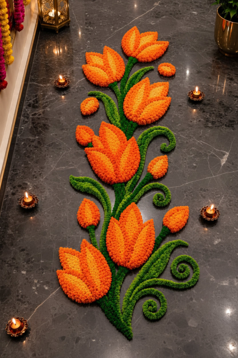 Tulip Trail Rangoli Mat – Single Piece Festive Décor for Housewarming, Varalakshmi & Diwali, orange