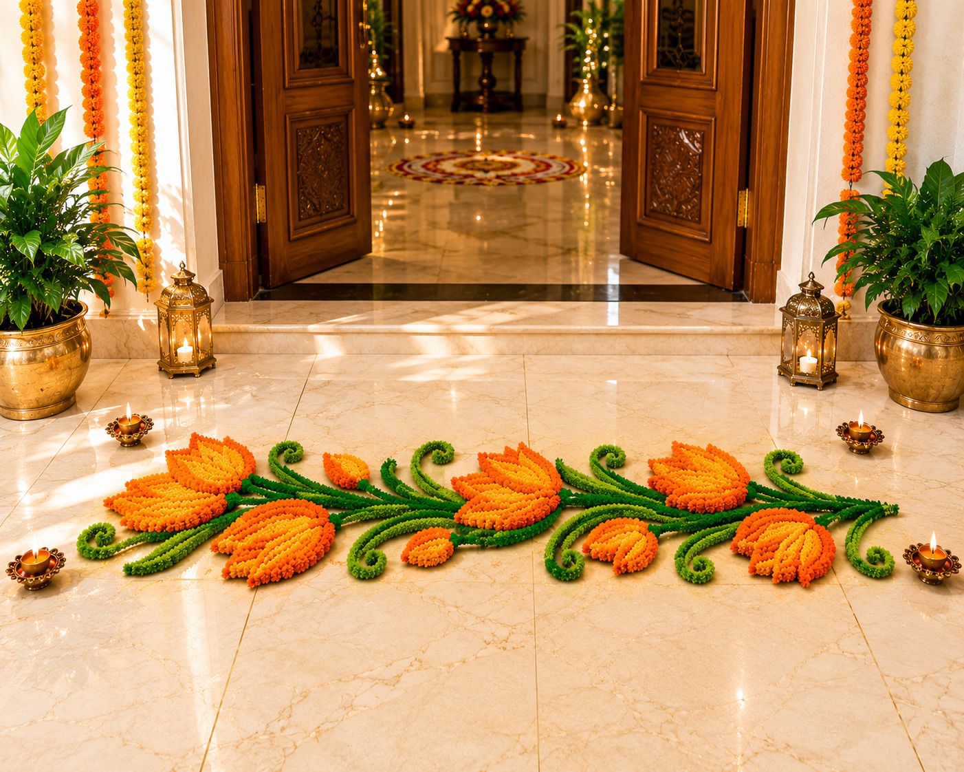 Tulip Trail Rangoli Mat – Single Piece Festive Décor for Housewarming, Varalakshmi & Diwali, orange