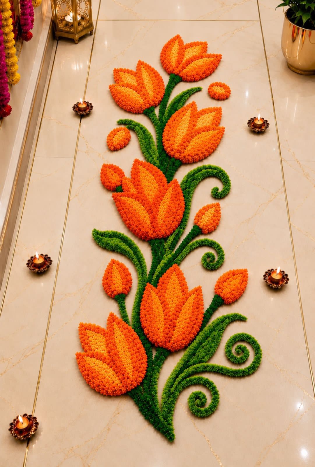 Tulip Trail Rangoli Mat – Single Piece Festive Décor for Housewarming, Varalakshmi & Diwali, orange