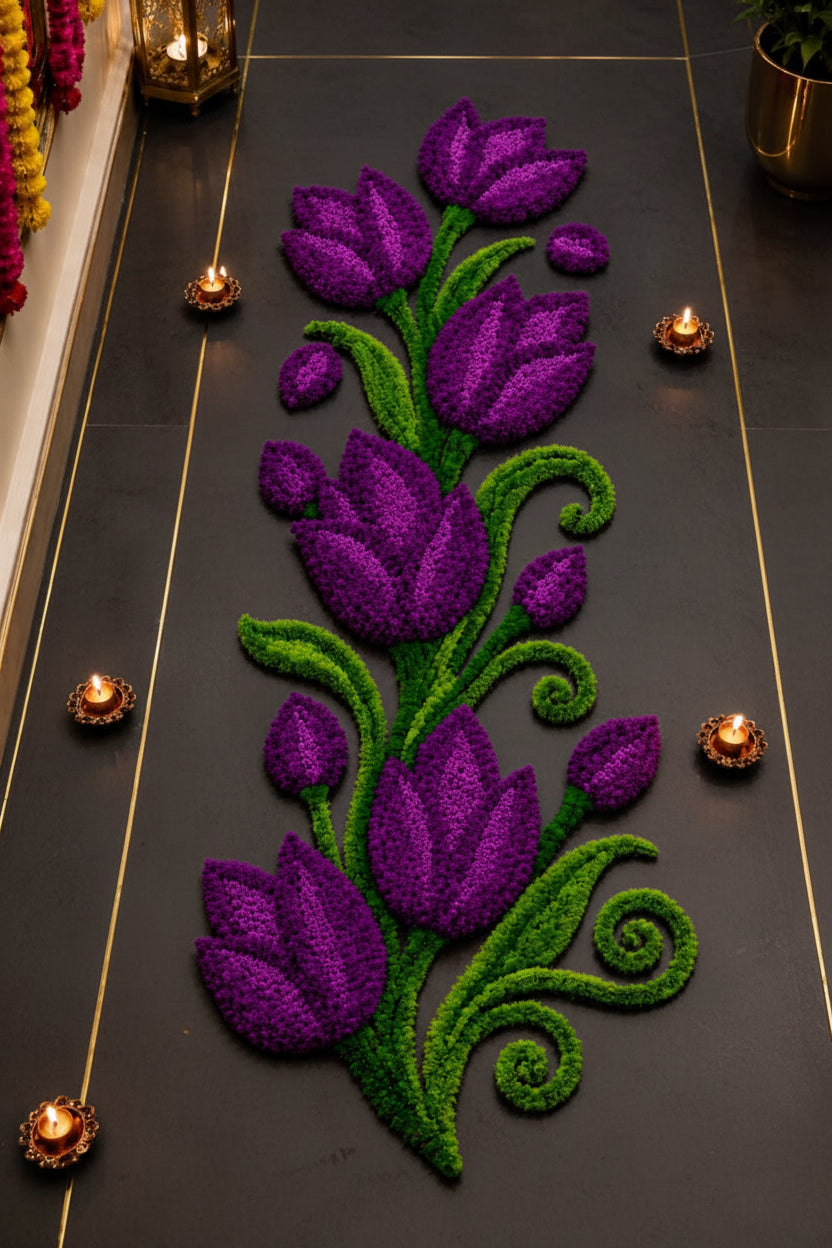 Tulip Trail Rangoli Mat – Single Piece Festive Décor for Housewarming, Varalakshmi & Diwali, purple