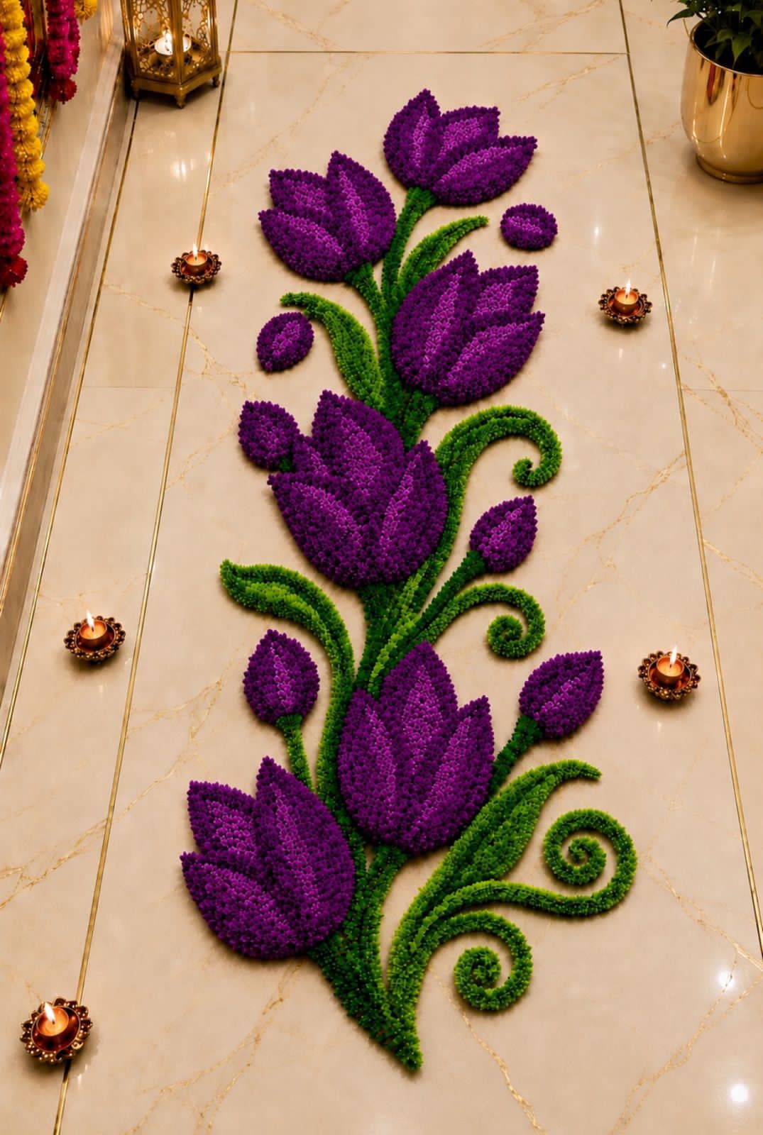 Tulip Trail Rangoli Mat – Single Piece Festive Décor for Housewarming, Varalakshmi & Diwali, purple