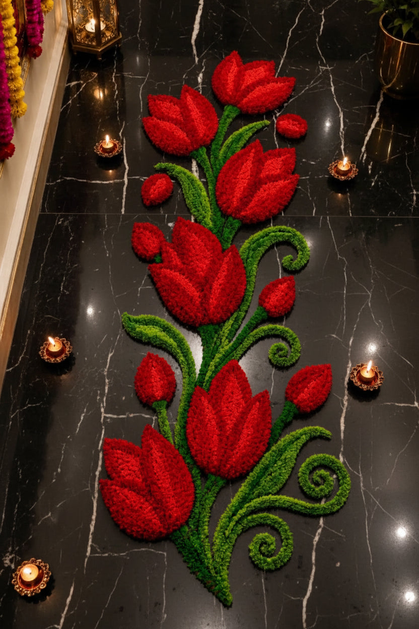 Tulip Trail Rangoli Mat – Single Piece Festive Décor for Housewarming, Varalakshmi & Diwali, red