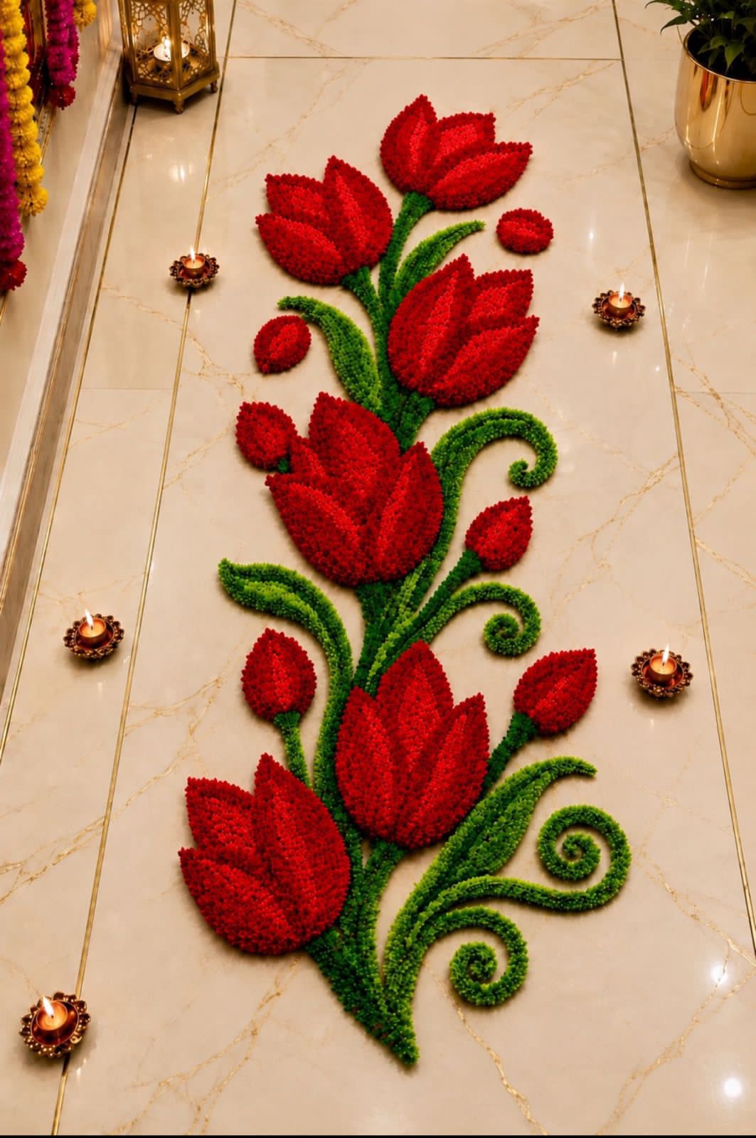 Tulip Trail Rangoli Mat – Single Piece Festive Décor for Housewarming, Varalakshmi & Diwali, red