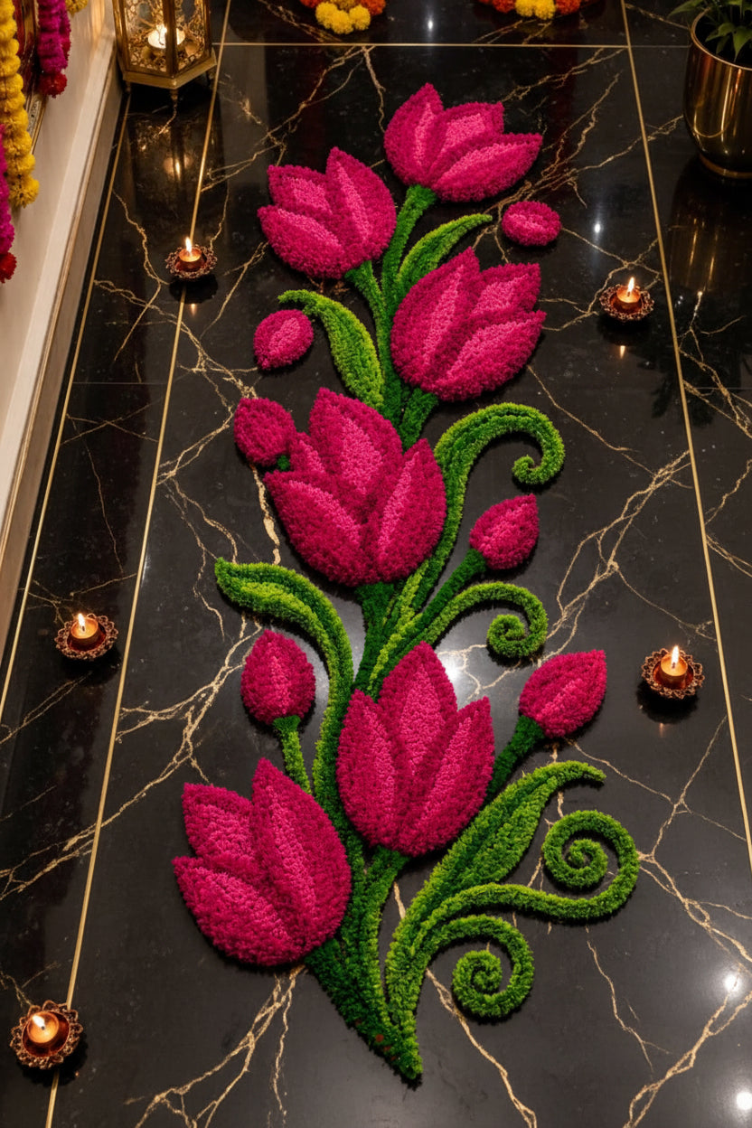Tulip Trail Rangoli Mat – Single Piece Festive Décor for Housewarming, Varalakshmi & Diwali, pink