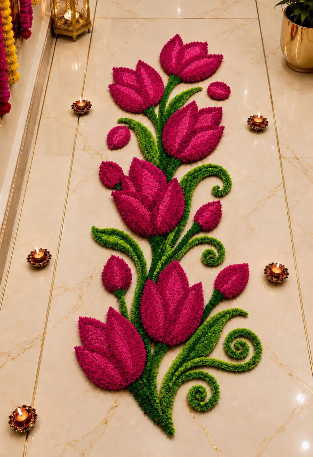 Tulip Trail Rangoli Mat – Single Piece Festive Décor for Housewarming, Varalakshmi & Diwali, pink