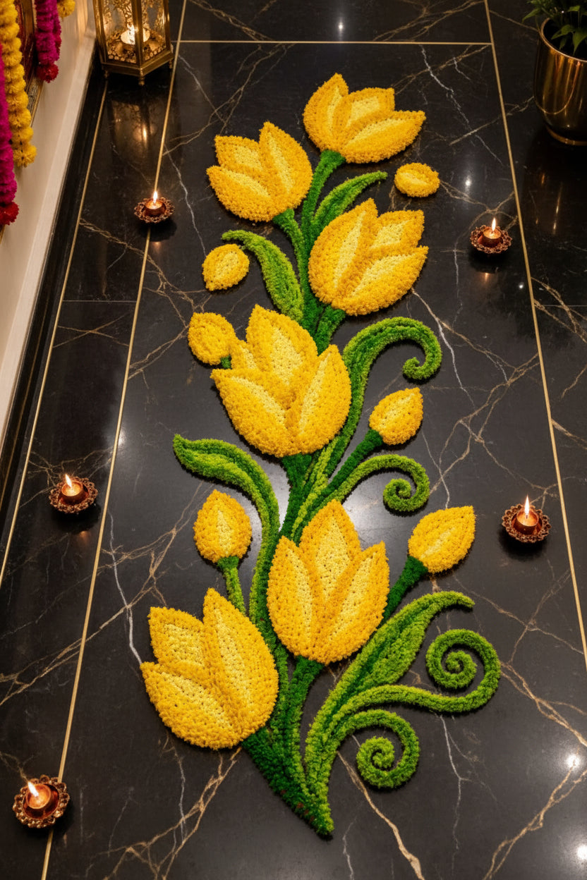 Tulip Trail Rangoli Mat – Single Piece Festive Décor for Housewarming, Varalakshmi & Diwali, yellow