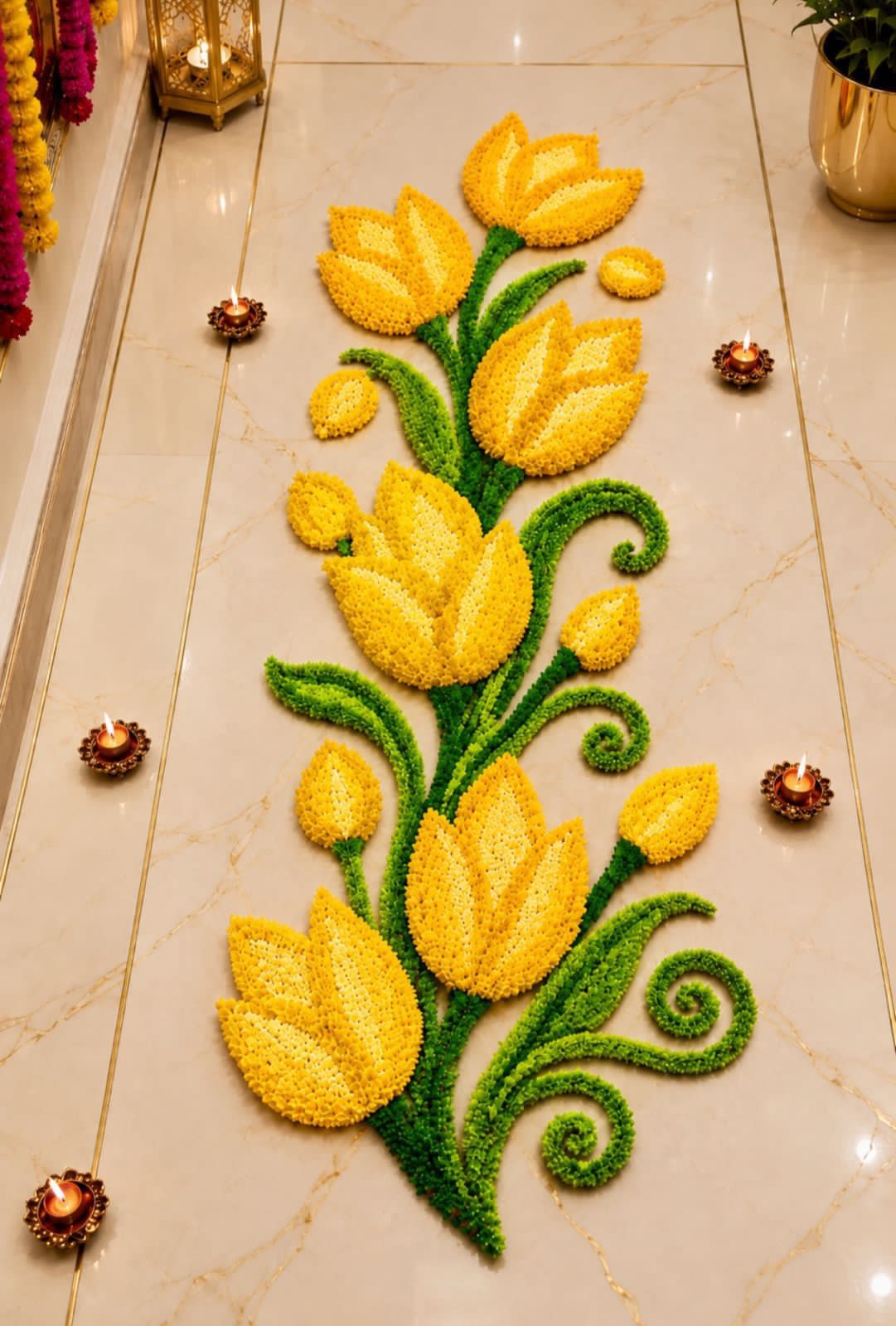 Tulip Trail Rangoli Mat – Single Piece Festive Décor for Housewarming, Varalakshmi & Diwali, yellow