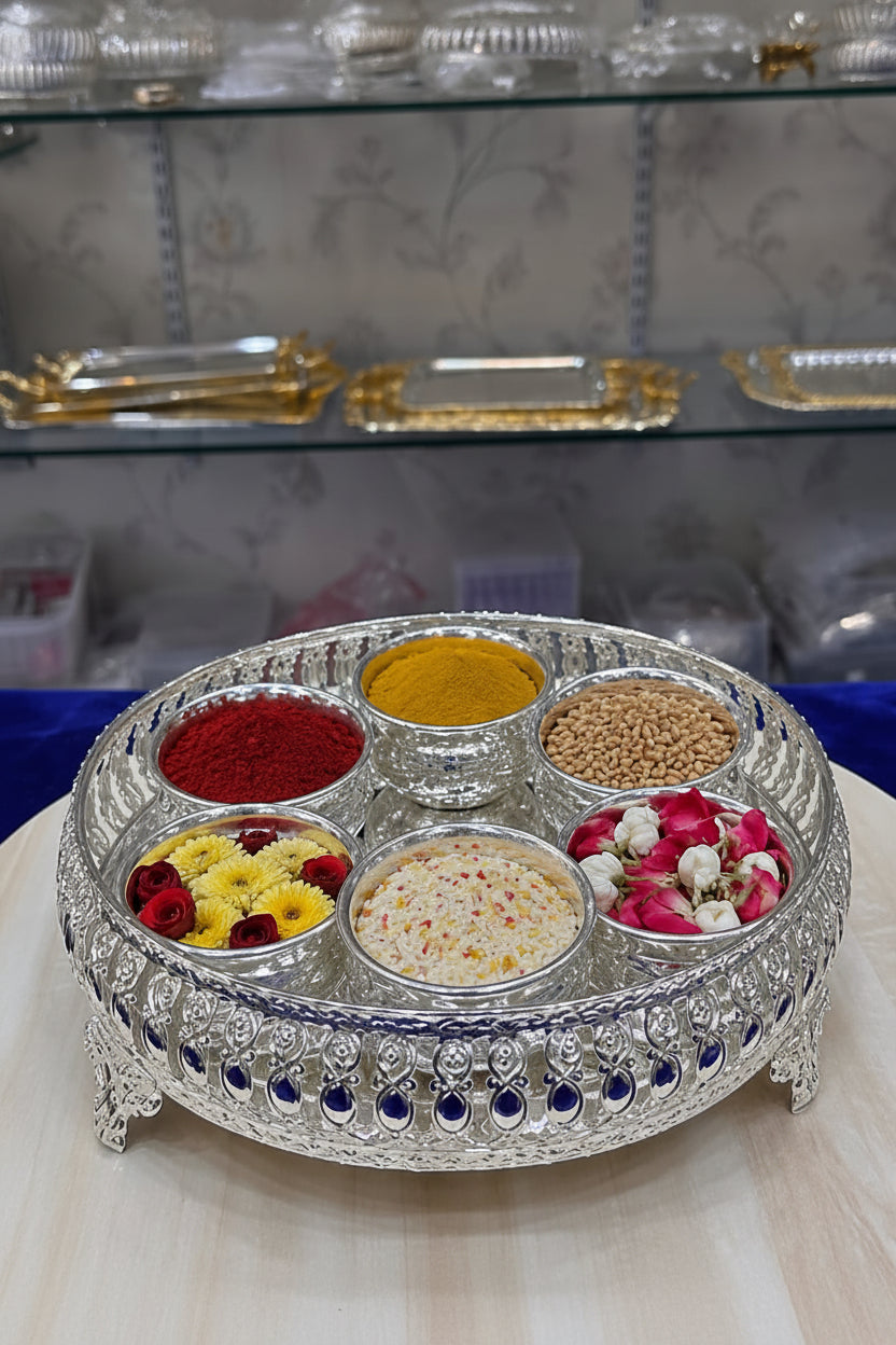 German Silver Tray with 5 Bowls – Elegant Pooja, Prasad & Gift Set