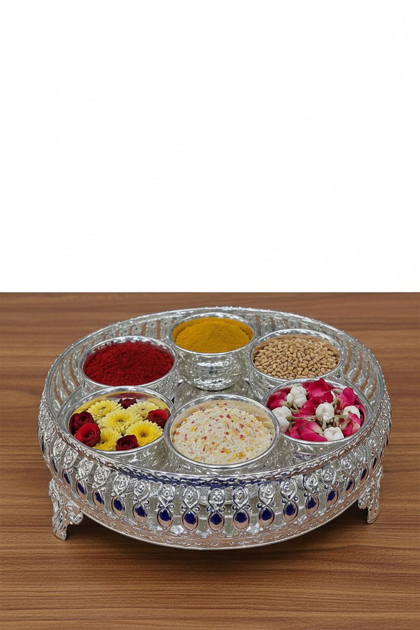 German Silver Tray with 5 Bowls – Elegant Pooja, Prasad & Gift Set