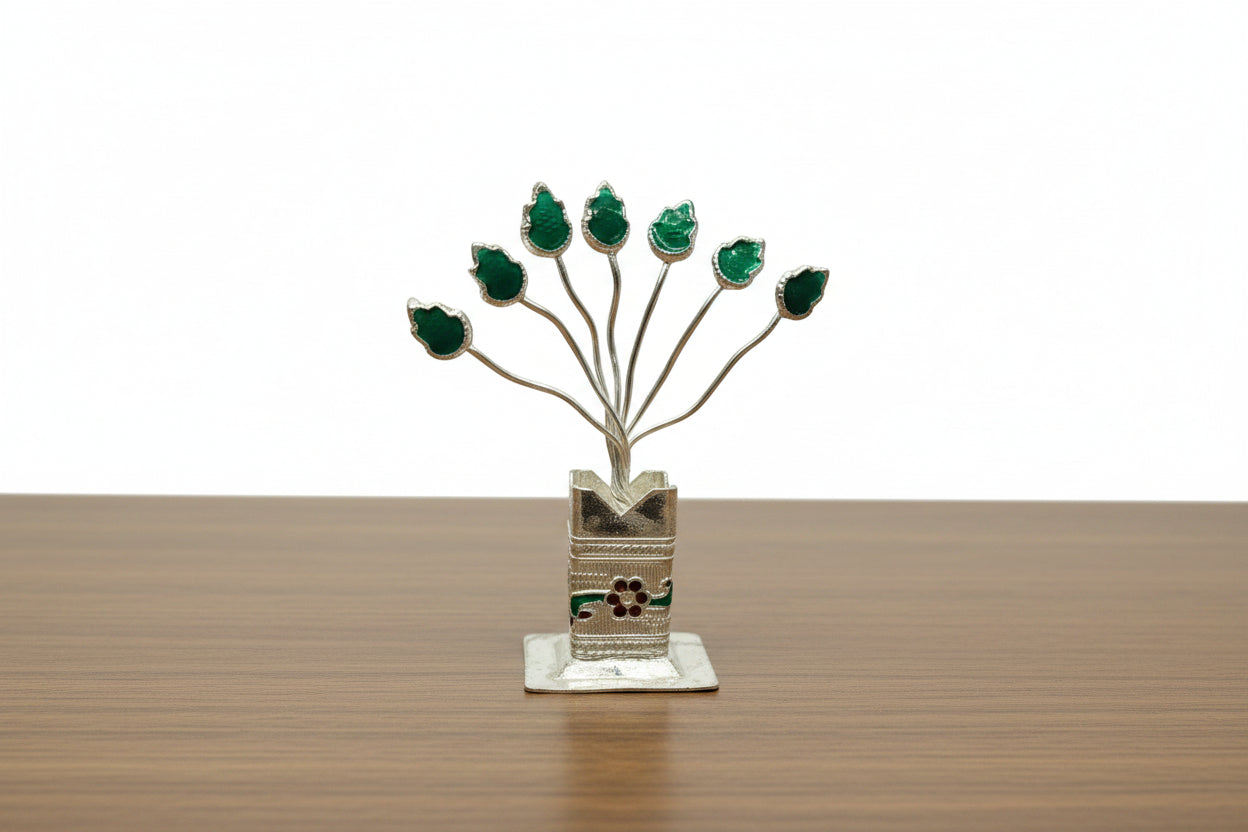 German Silver Tulsi Plant – 12 Piece Nakshi & Meena Work Pooja Set