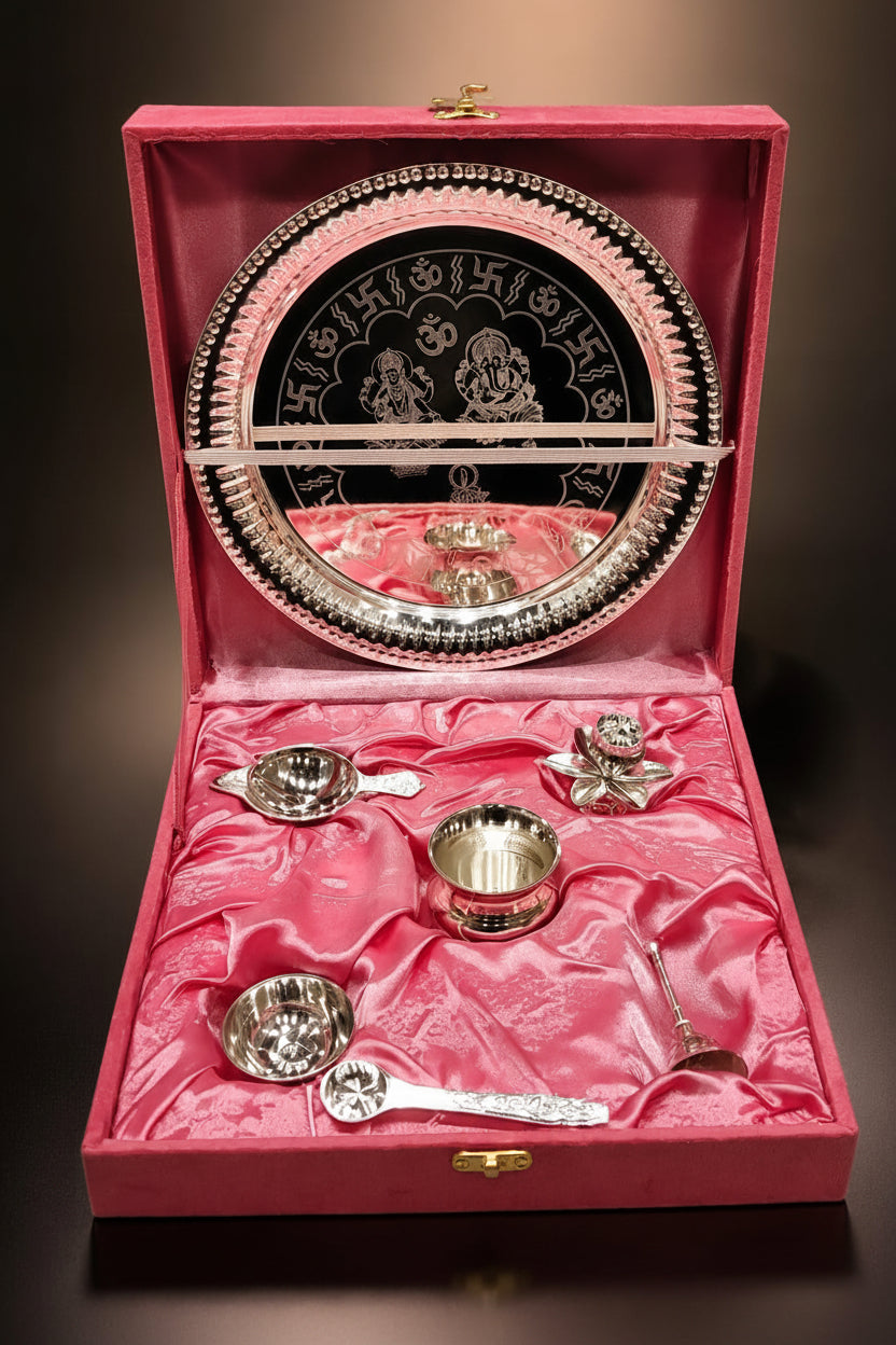 German Silver Pooja Thali Set – 7 Pieces in Velvet Gift Box for Diwali & Gifting