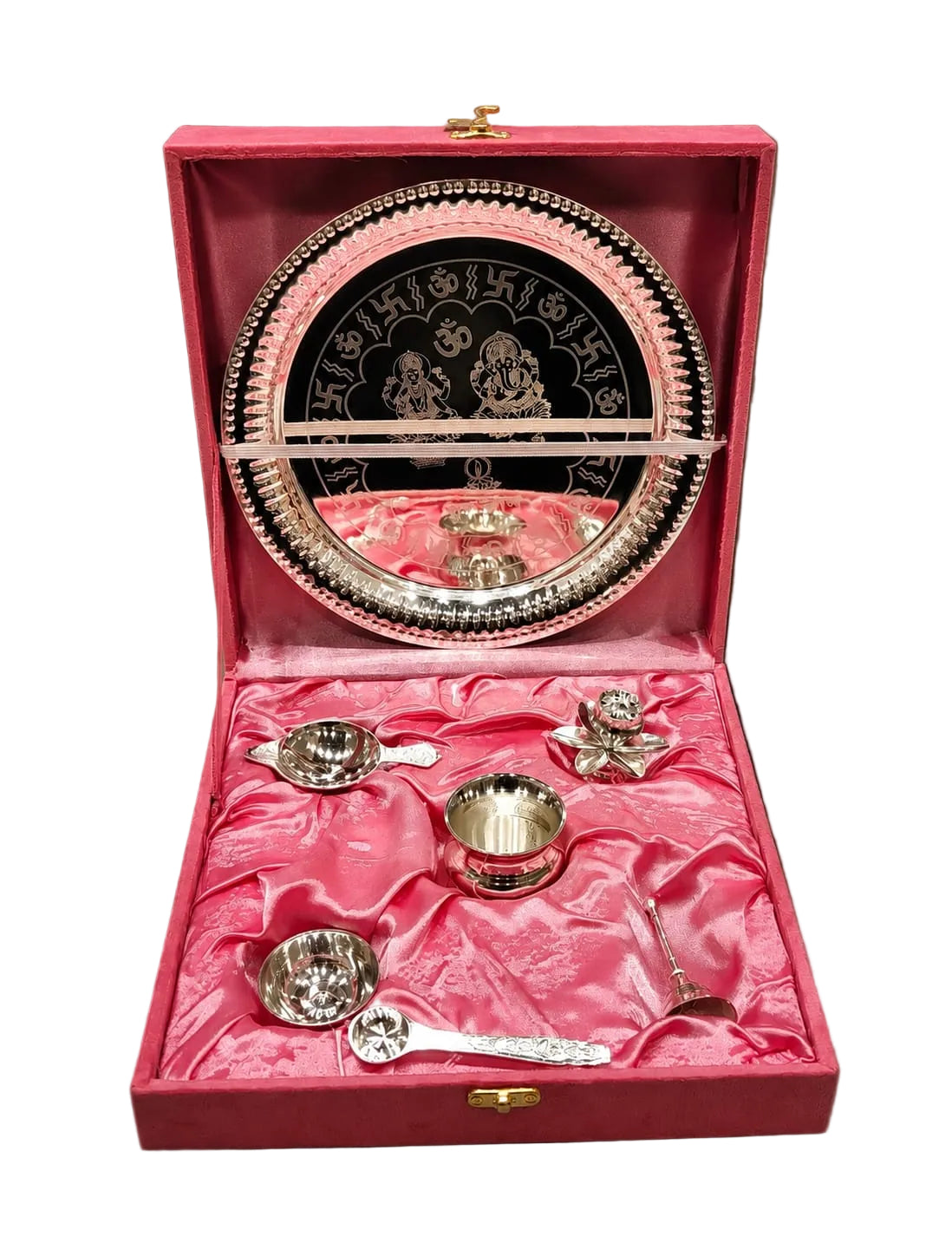 German Silver Pooja Thali Set – 7 Pieces in Velvet Gift Box for Diwali & Gifting