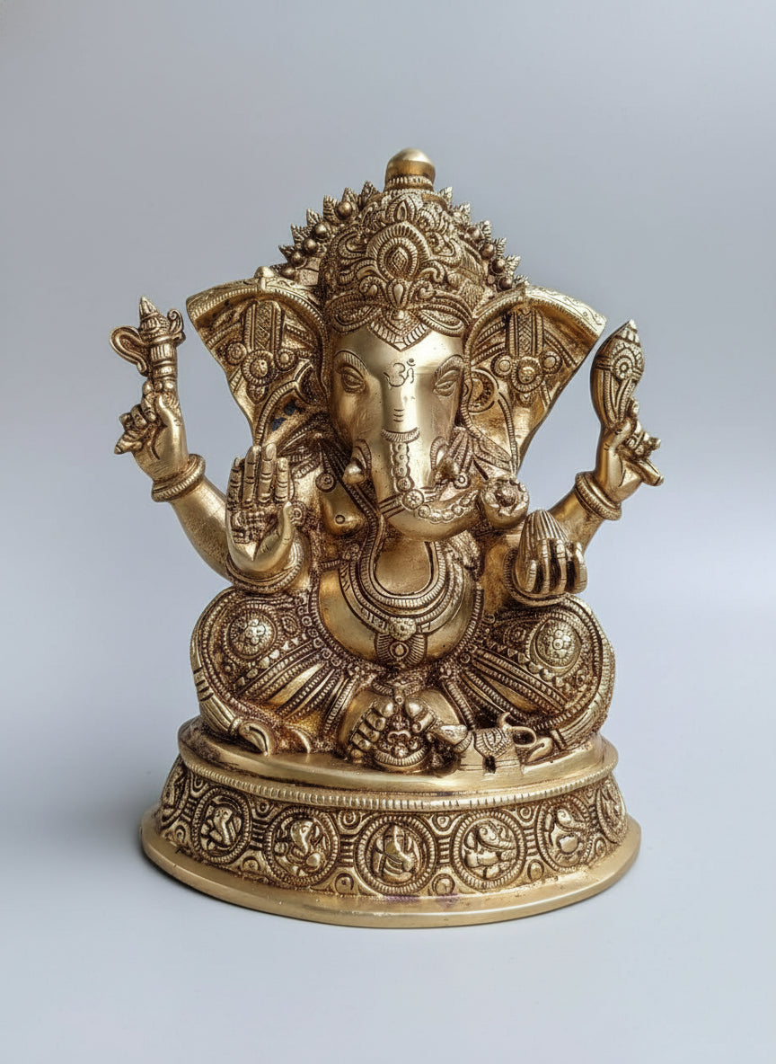 Brass Ganesh Idol – 12" Handcrafted Vighnaharta Sculpture for Pooja & Sacred Home Décor