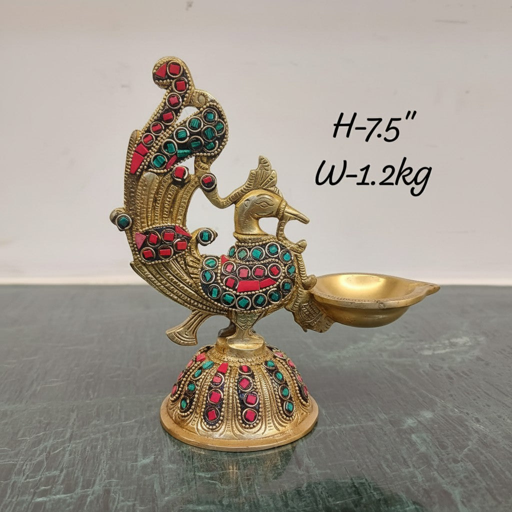 Pair of Brass Peacock Diya Lamps with Stone Work – Handcrafted Festive Décor & Pooja Accents