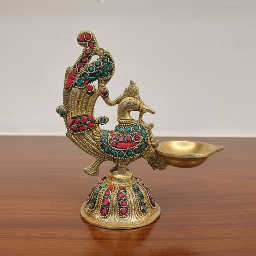 Pair of Brass Peacock Diya Lamps with Stone Work – Handcrafted Festive Décor & Pooja Accents