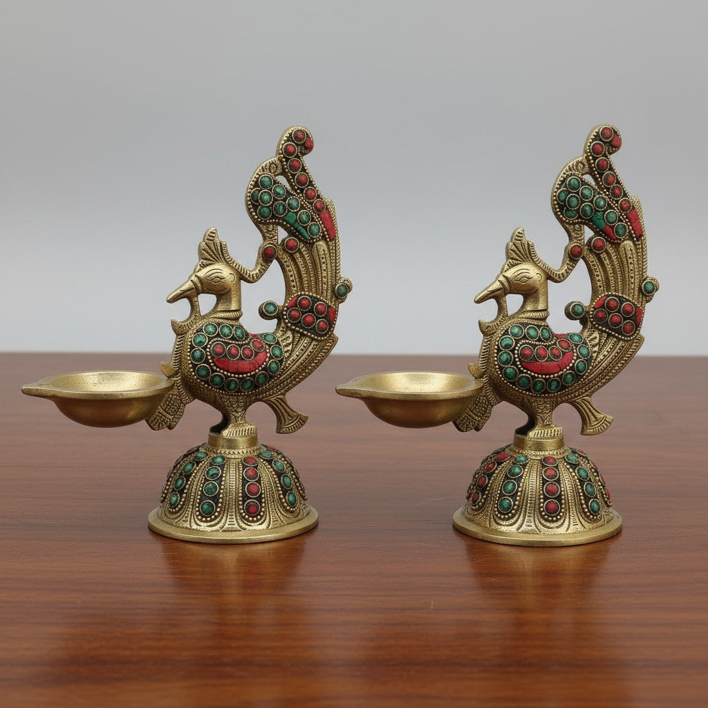 Pair of Brass Peacock Diya Lamps with Stone Work – Handcrafted Festive Décor & Pooja Accents