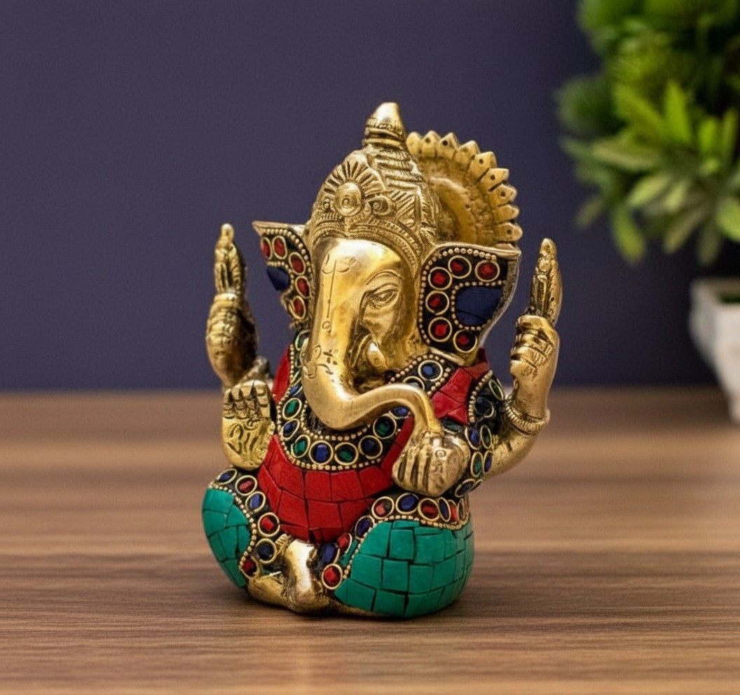 Brass Ganesh Ji Idol – Superfine Finish with Stone Work  Handcrafted Vighnaharta Sculpture for Pooja & Festive Décor