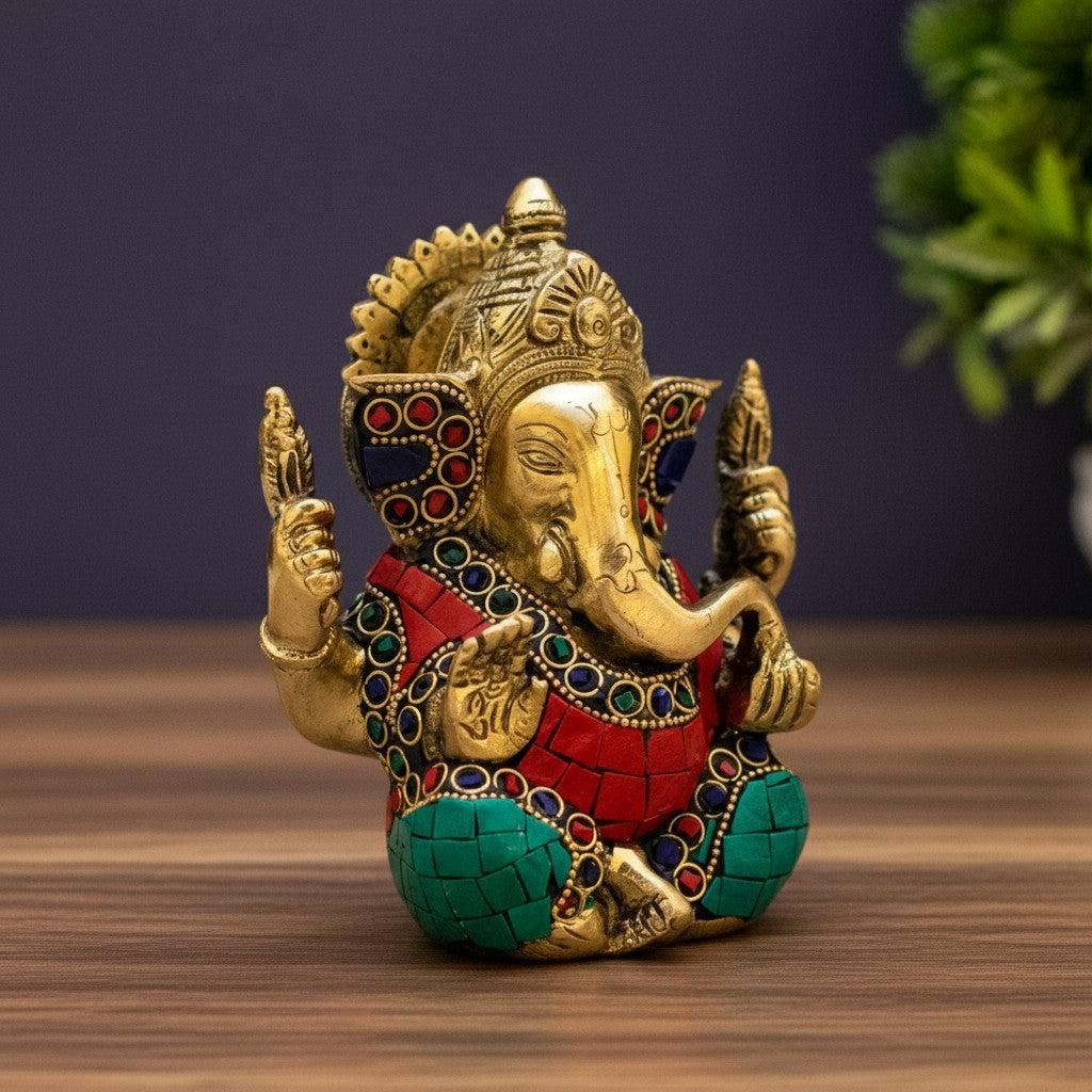 Brass Ganesh Ji Idol – Superfine Finish with Stone Work  Handcrafted Vighnaharta Sculpture for Pooja & Festive Décor
