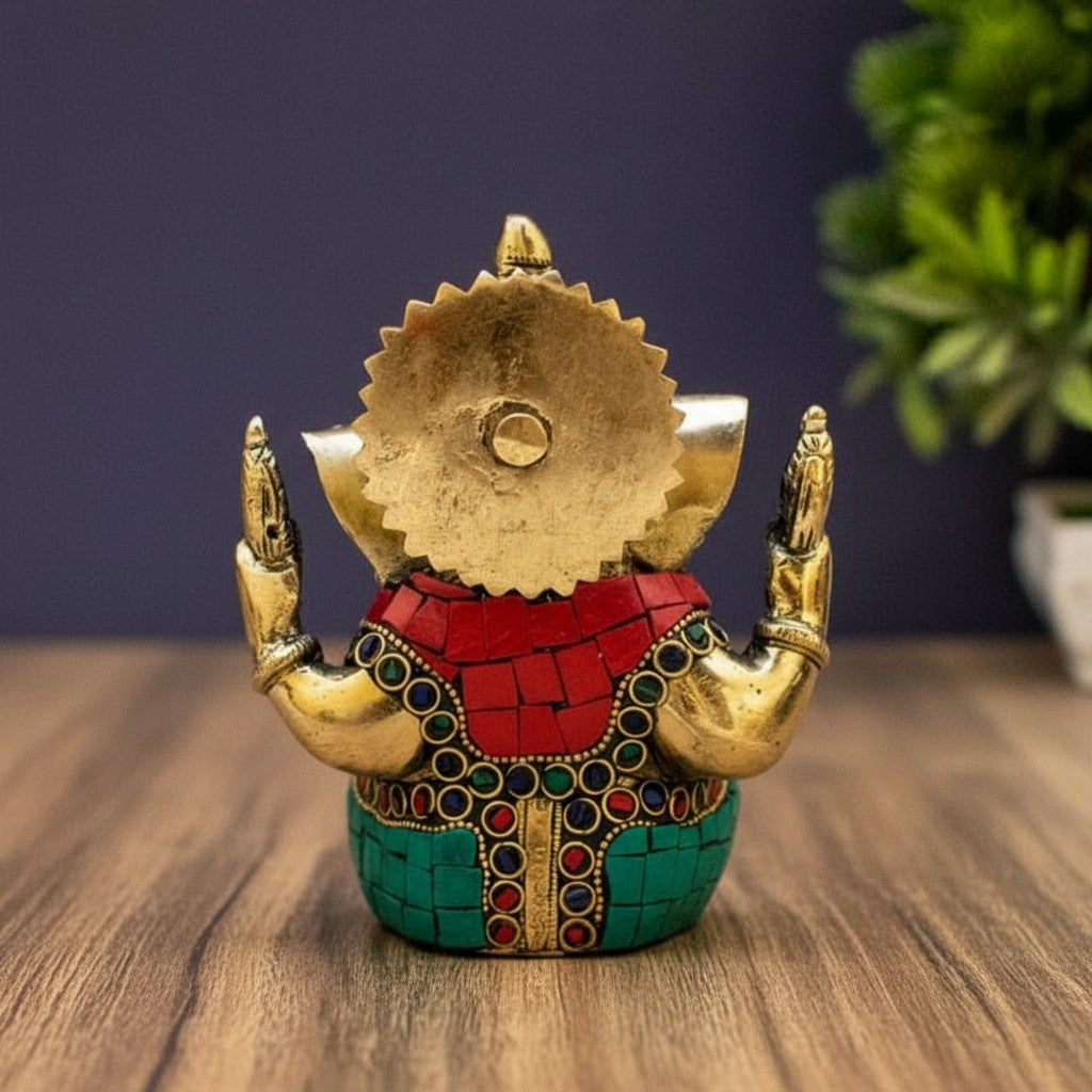 Brass Ganesh Ji Idol – Superfine Finish with Stone Work  Handcrafted Vighnaharta Sculpture for Pooja & Festive Décor