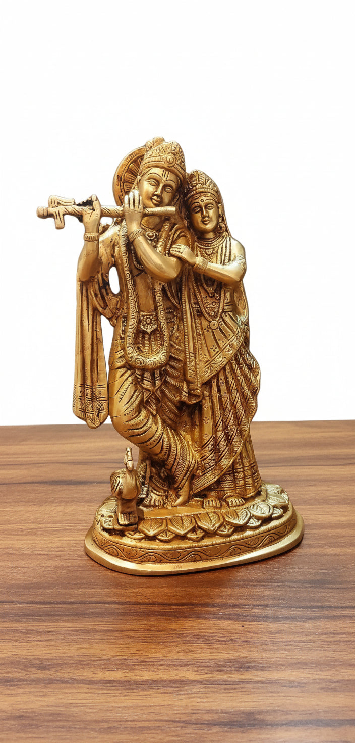 Brass Radha Krishna Idol with Peacock – Handcrafted Divine Sculpture for Pooja & Home Décor