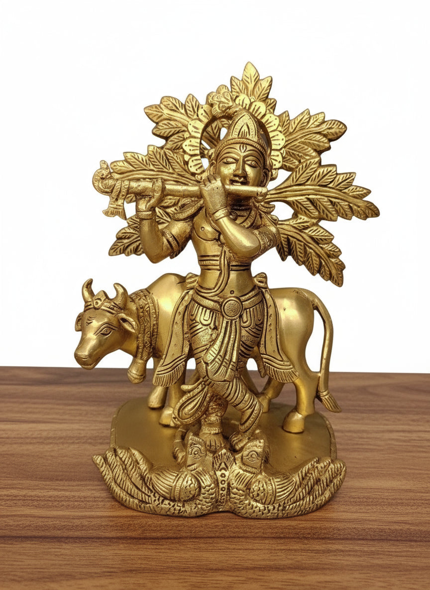 Brass Krishna with Cow Idol – Handcrafted Divine Sculpture for Pooja & Sacred Home Décor
