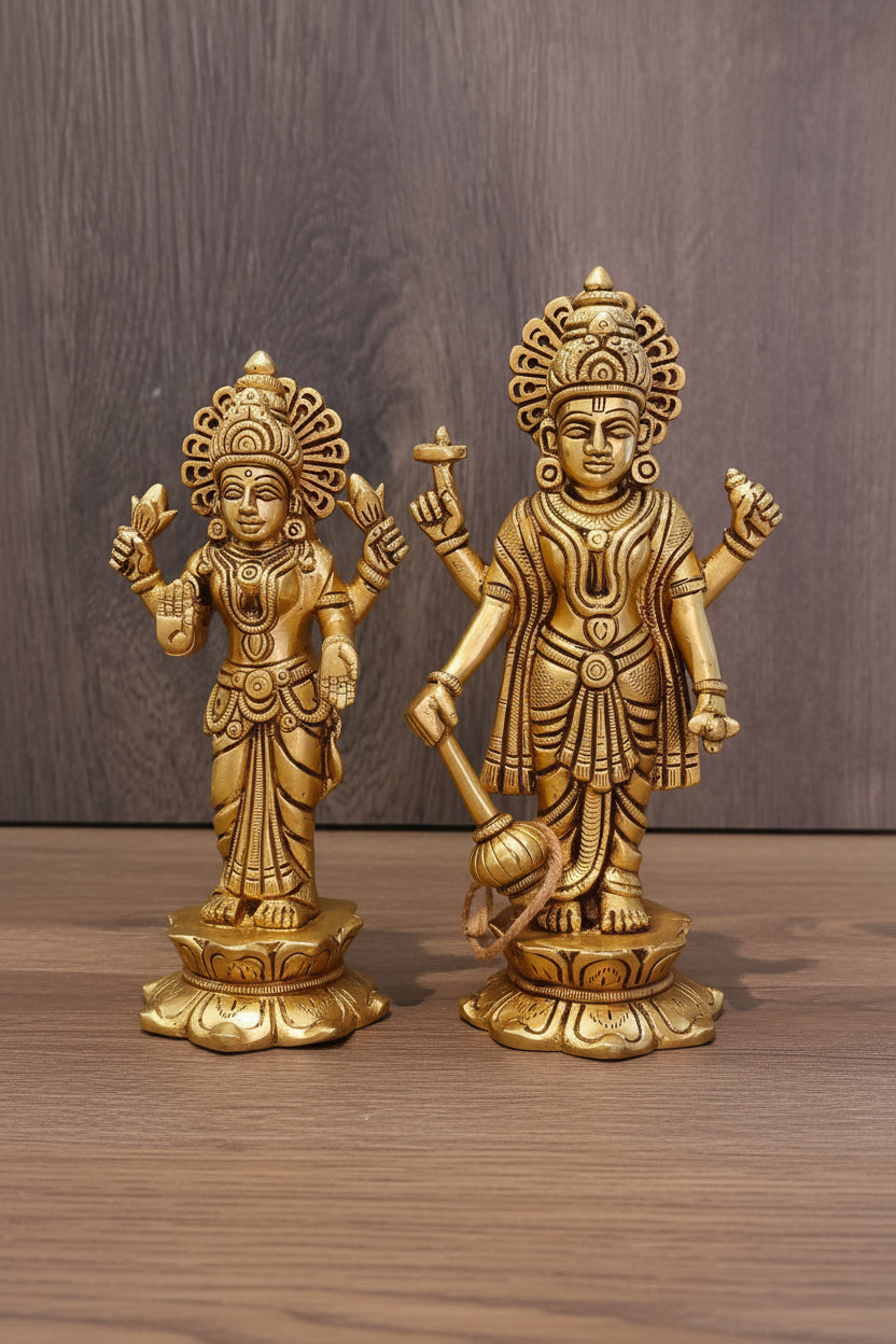 Brass Standing Vishnu & Lakshmi Idol – Handcrafted Divine Pair for Pooja & Sacred Home Décor