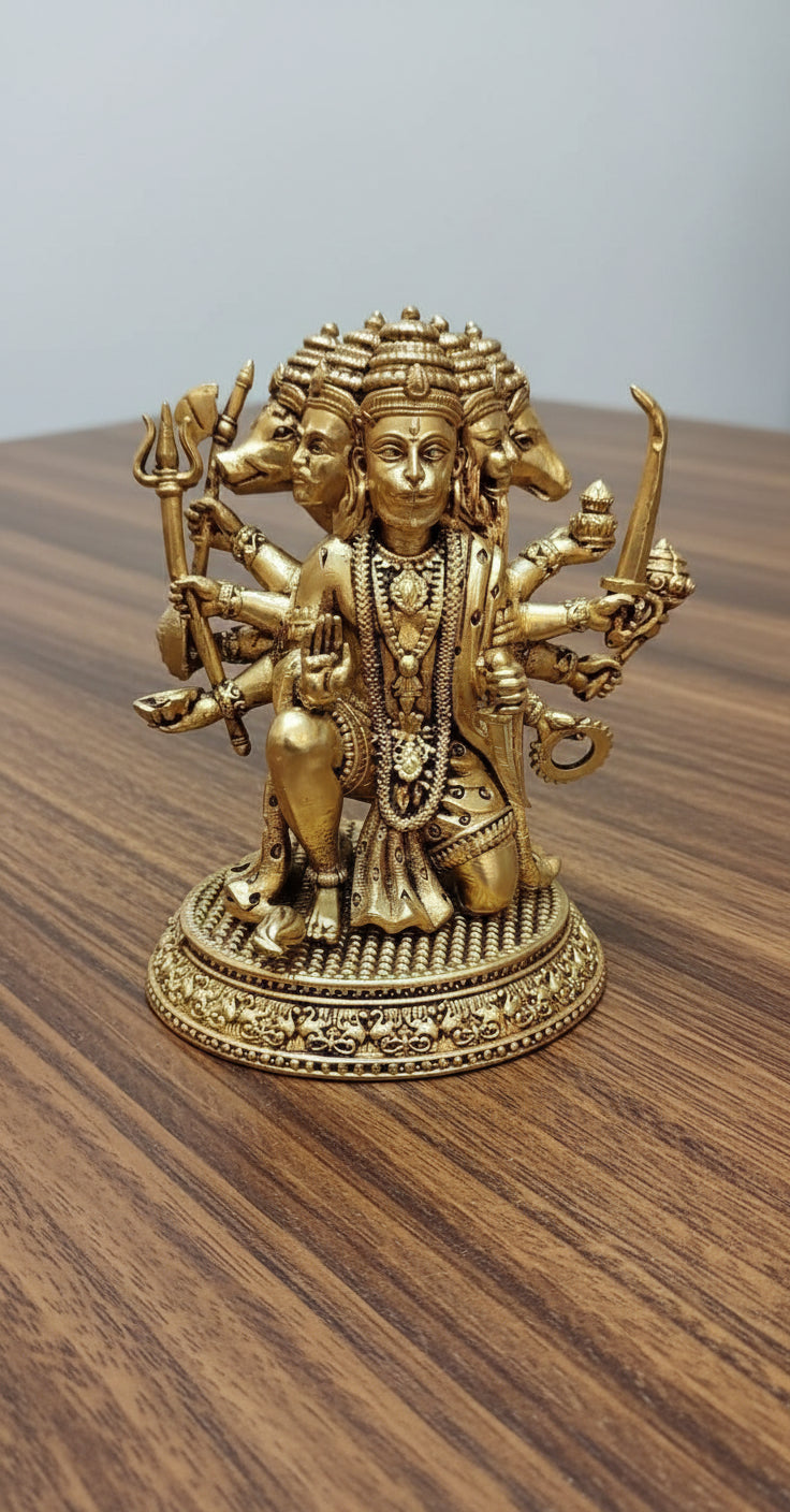 Brass Panchmukhi Hanuman Idol – Five-Faced Vighnaharta Sculpture for Pooja & Sacred Home Décor