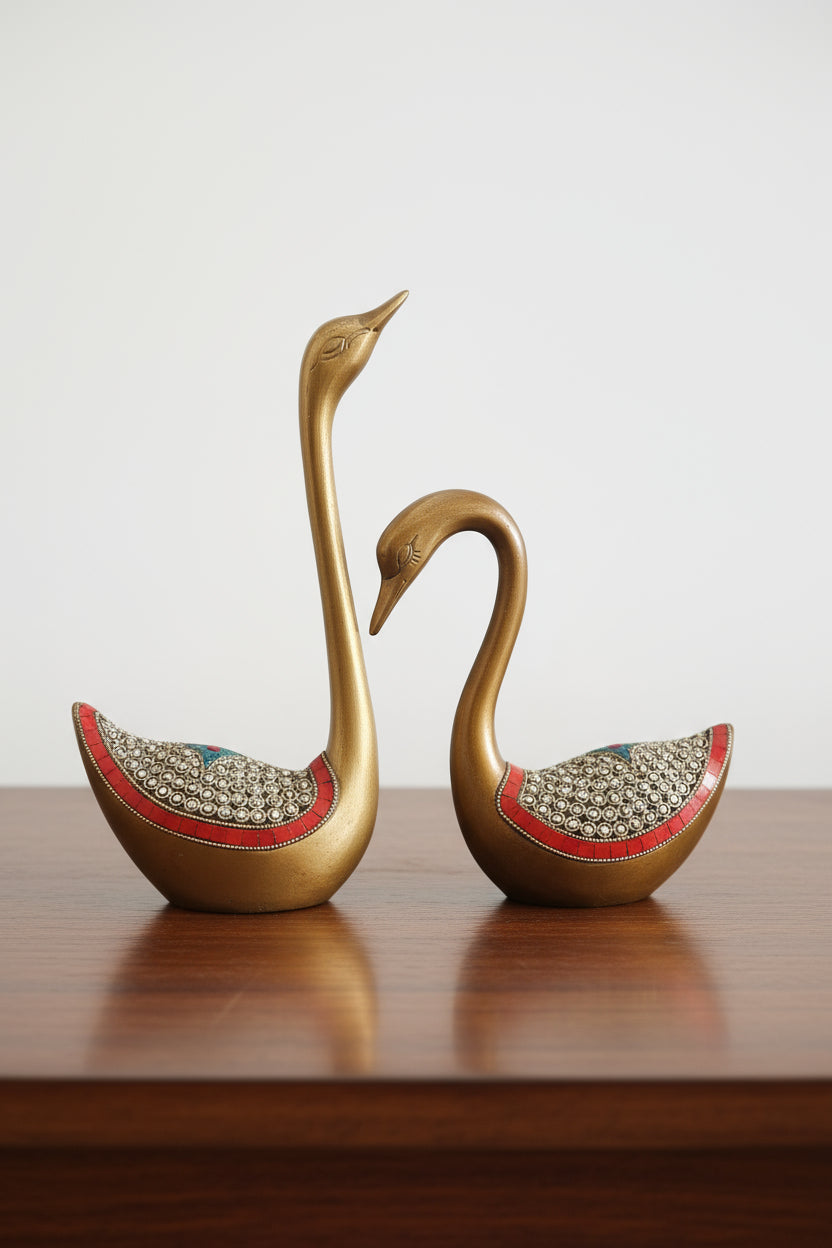 Brass Swan Pair with Stonework – Handcrafted Decorative Sculpture for Gifting & Elegant Home Décor