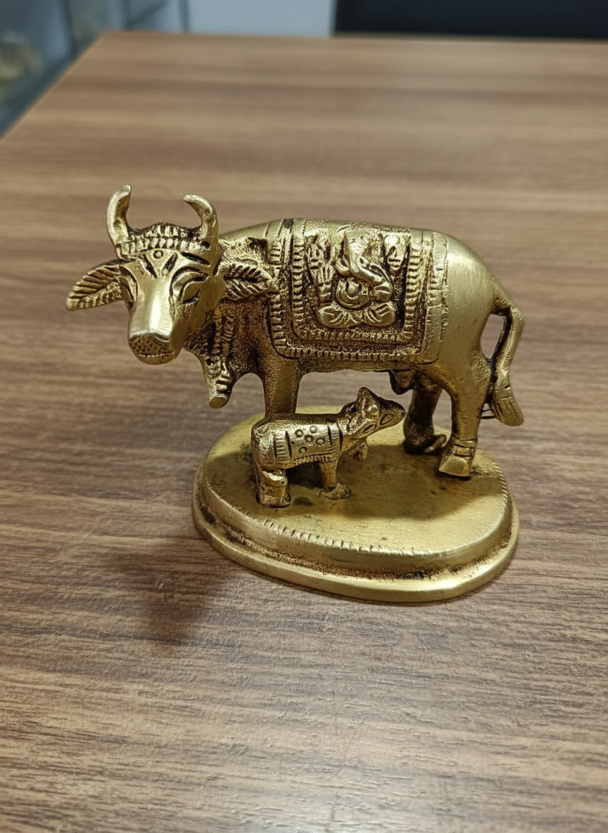 Brass Kamdhenu with Calf  Small Divine Cow Idol  Vastu Figurine for Prosperity & Peace  Hindu Pooja Decor & Gift