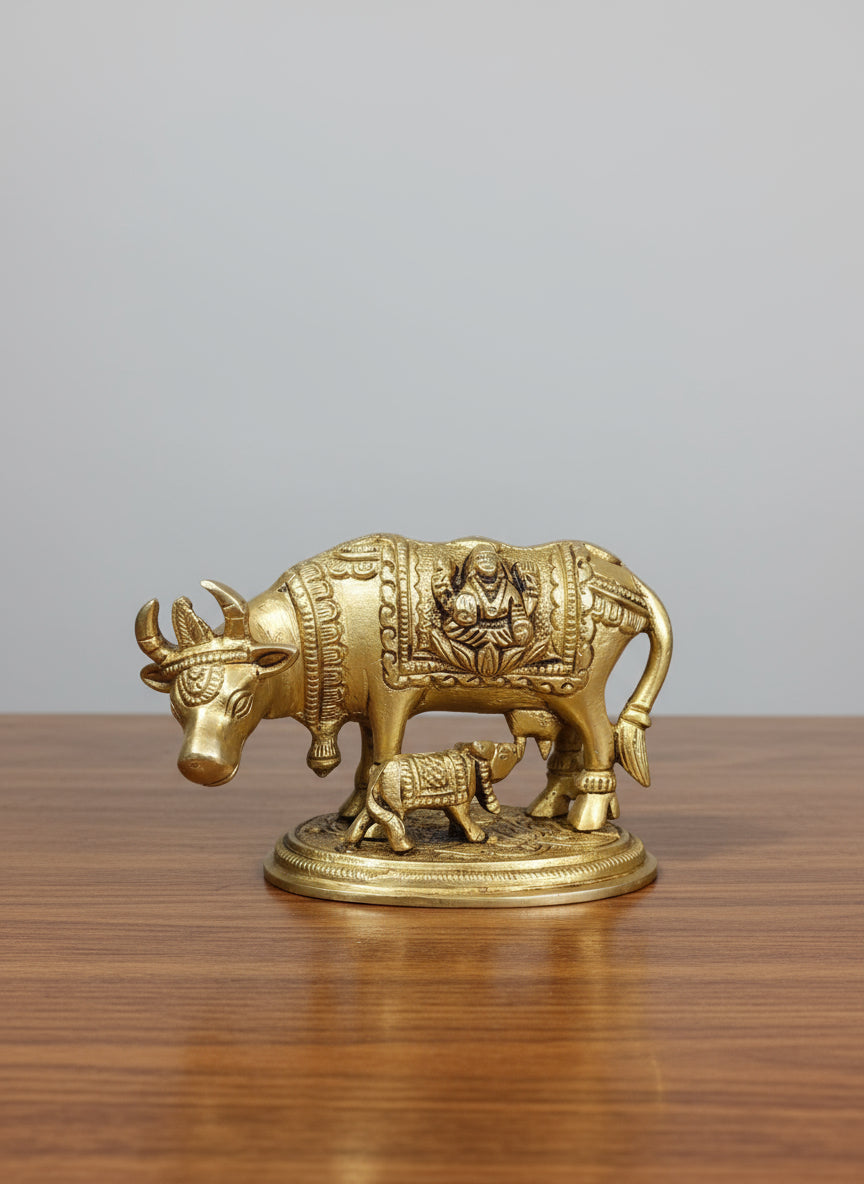 Brass Kamdhenu with Calf  Engraved Lakshmi & Ganesh Ji  Divine Cow Idol for Vastu & Pooja  Auspicious Decor for Diwali & Housewarming
