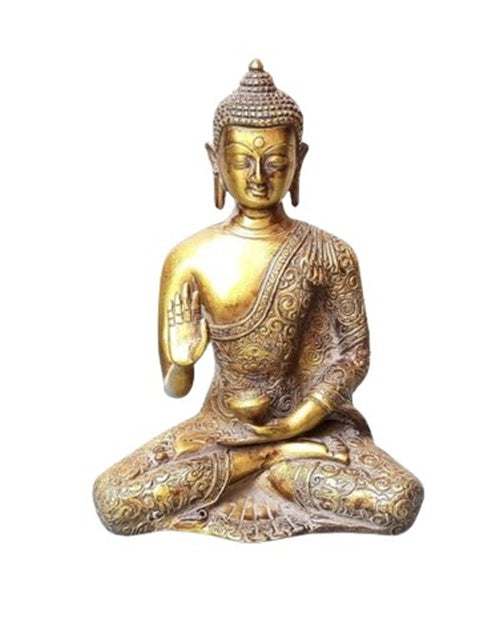 Brass Fully Carved Meditating Buddha Statue Idol - Brown Finish, Gold