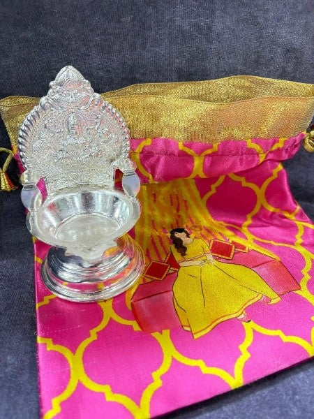 german silver 2 kamakshi / lakshmi diya set with 2 potli for home/ gift item