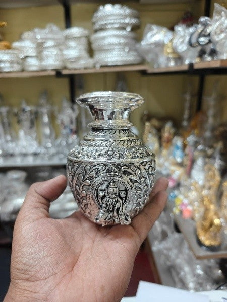 silver plated lakshmi ji kalash/ flower pot for home/ housewarming pooja/ diwali