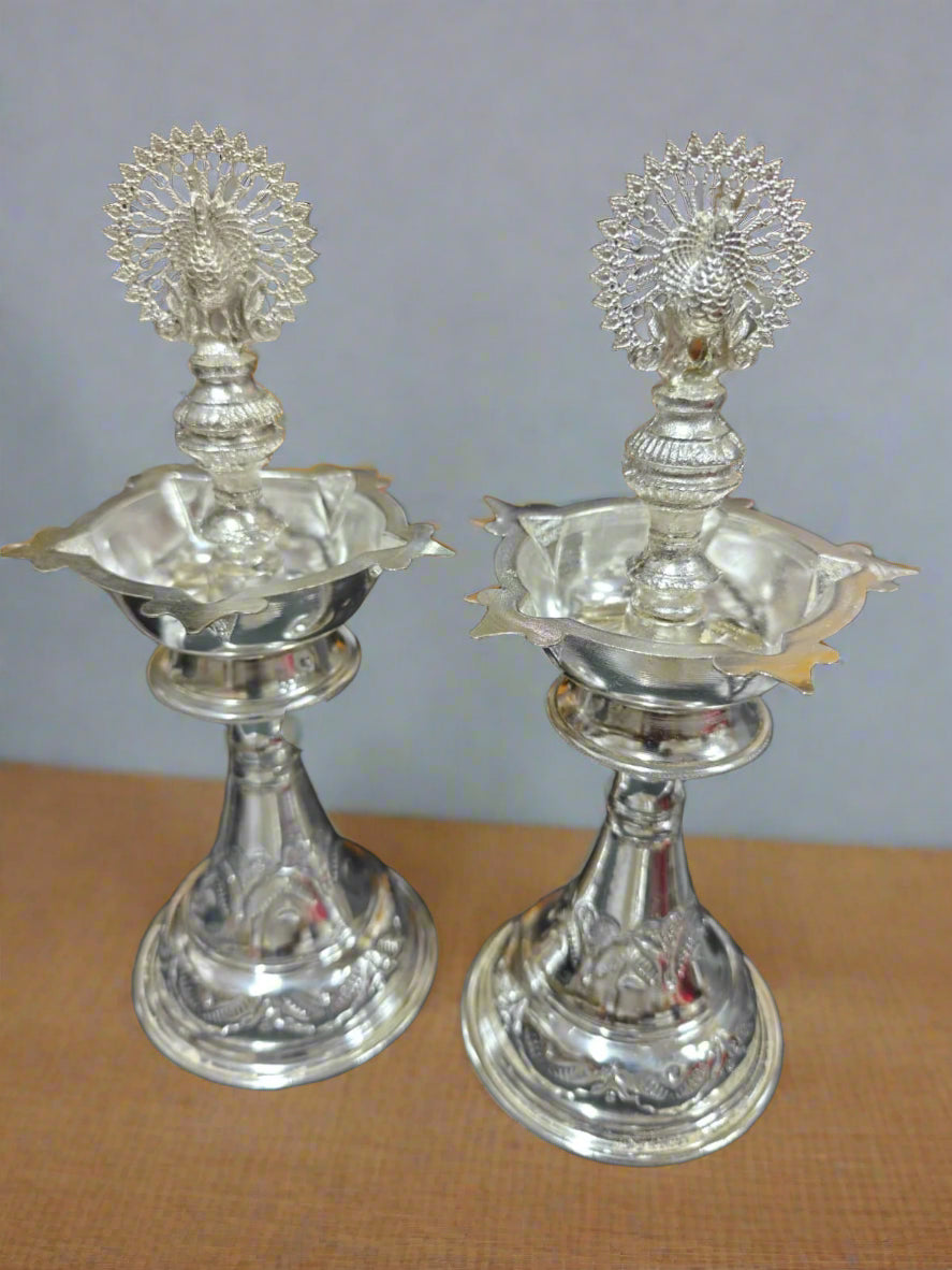 german silver peacock diya set for housewarming/ diwali décor/ gift item