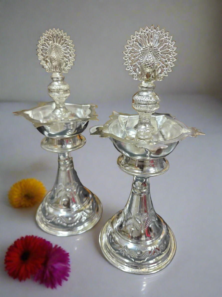 german silver peacock diya set for housewarming/ diwali décor/ gift item