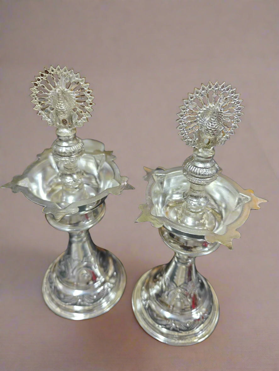 german silver peacock diya set for housewarming/ diwali décor/ gift item