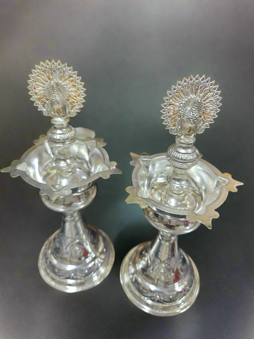 german silver peacock diya set for housewarming/ diwali décor/ gift item
