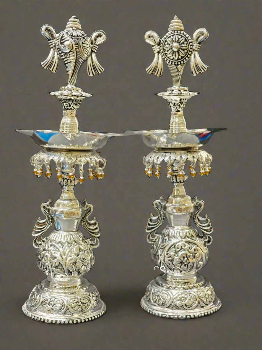 german silver shanku chakra diya set for housewarming pooja/ diwali/ gift item