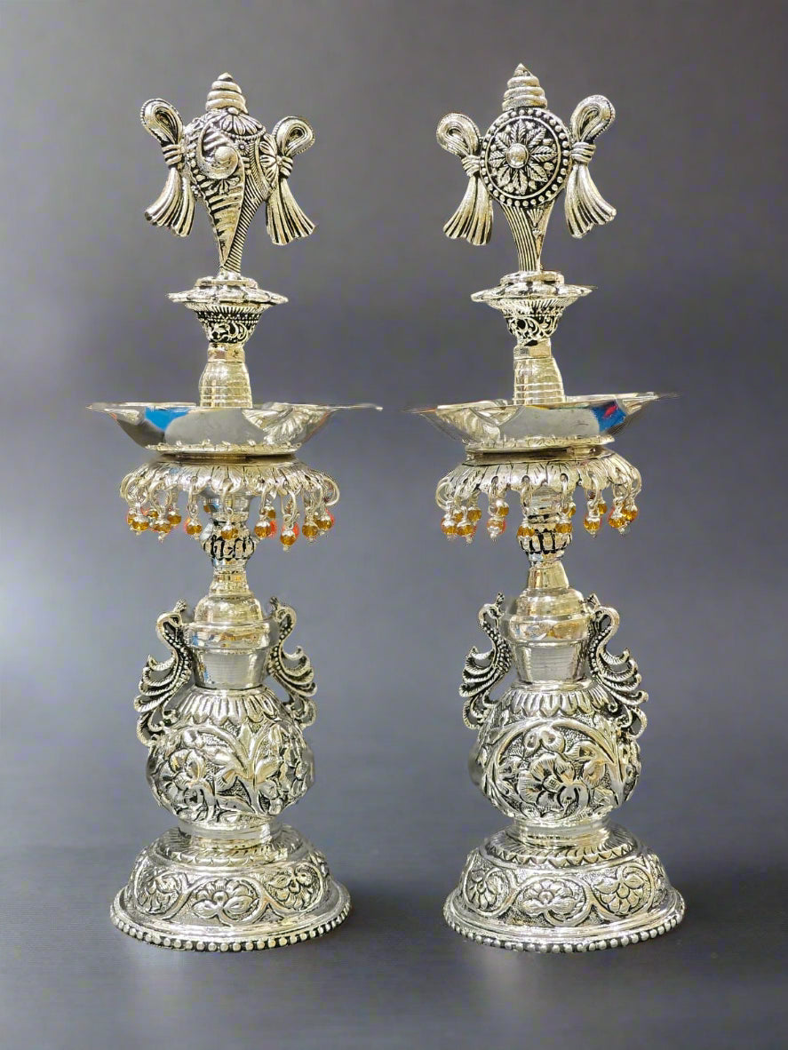 german silver shanku chakra diya set for housewarming pooja/ diwali/ gift item