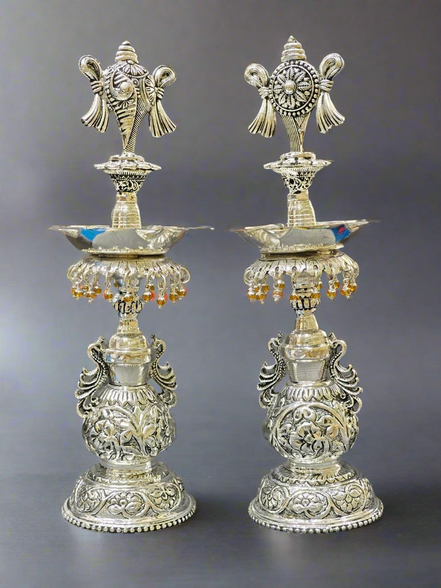 german silver shanku chakra diya set for housewarming pooja/ diwali/ gift item