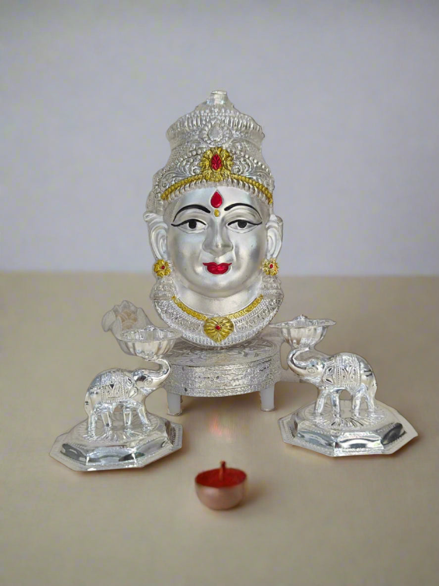 german silver lakshmi face with chowki stool and 2 elephant diya