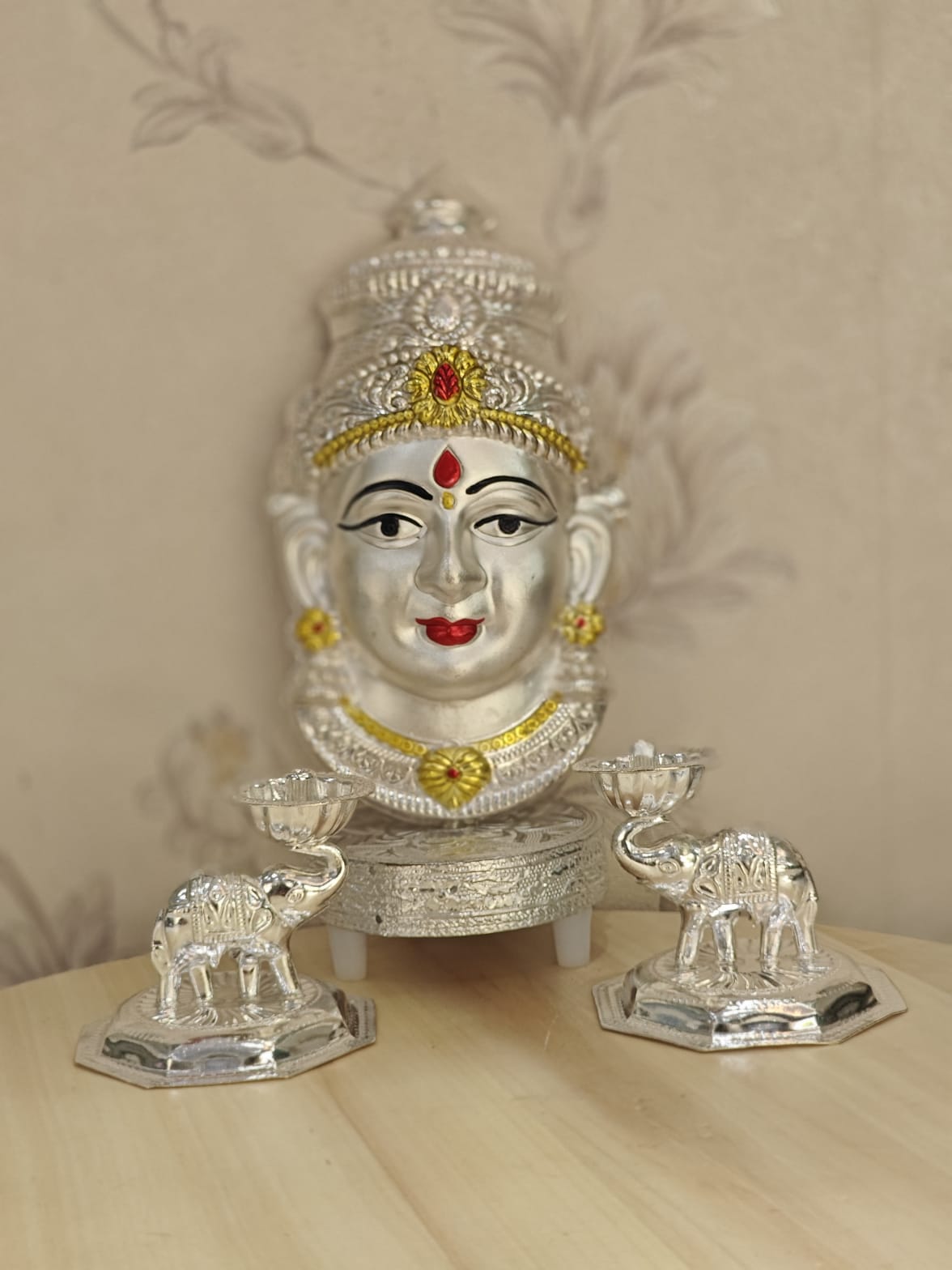 german silver lakshmi face with chowki stool and 2 elephant diya