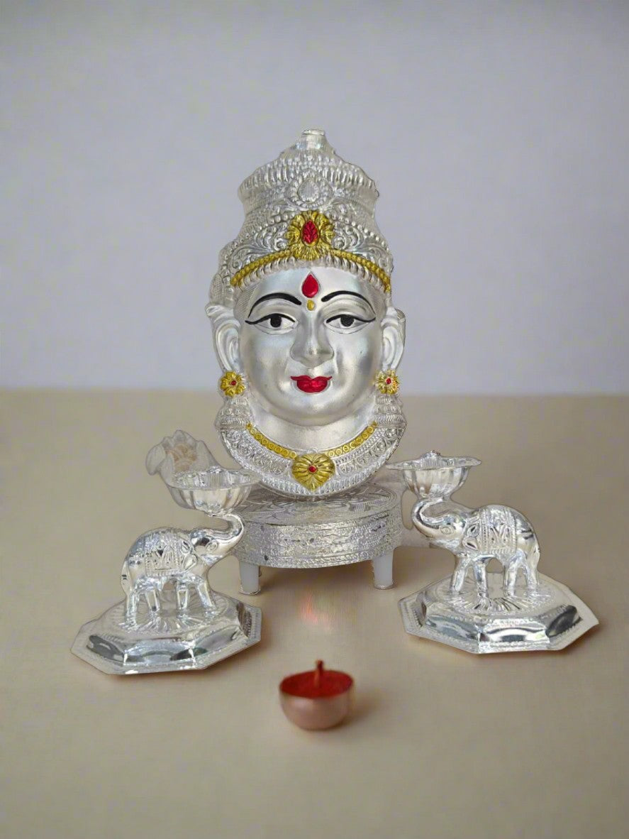 german silver lakshmi face with chowki stool and 2 elephant diya