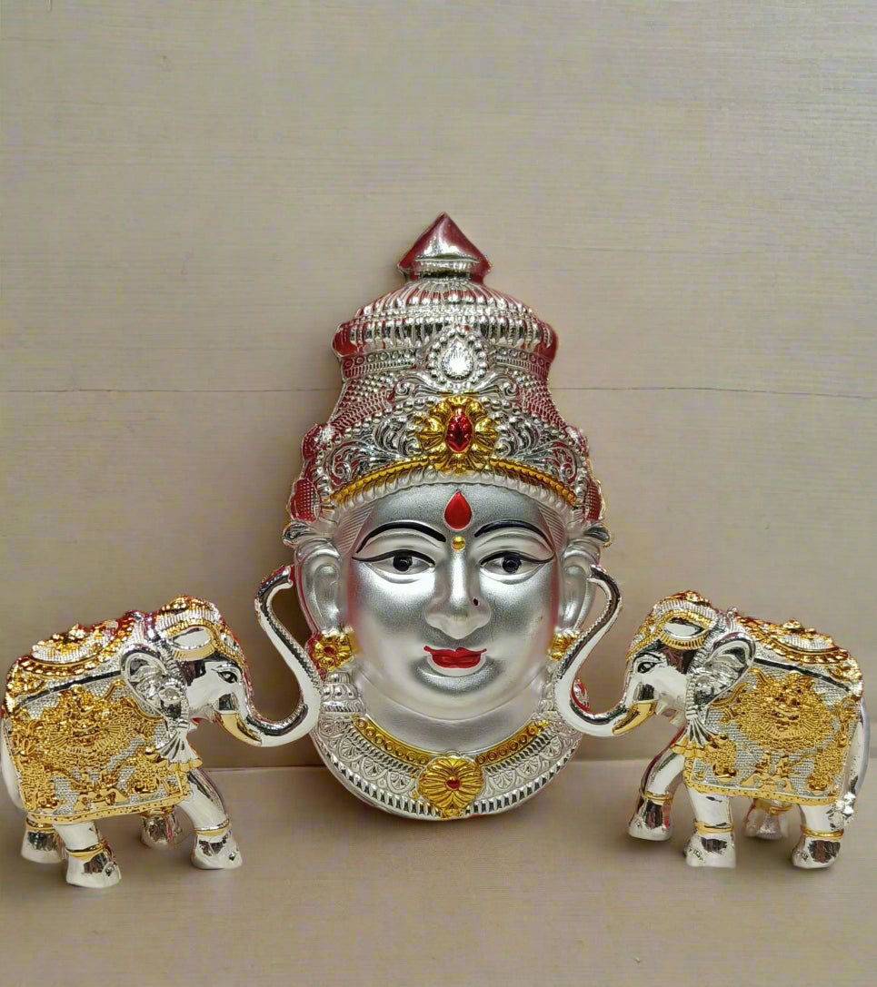 silver plated lakshmi face with 2 elephant for home décor/ housewarming/ diwali pooja