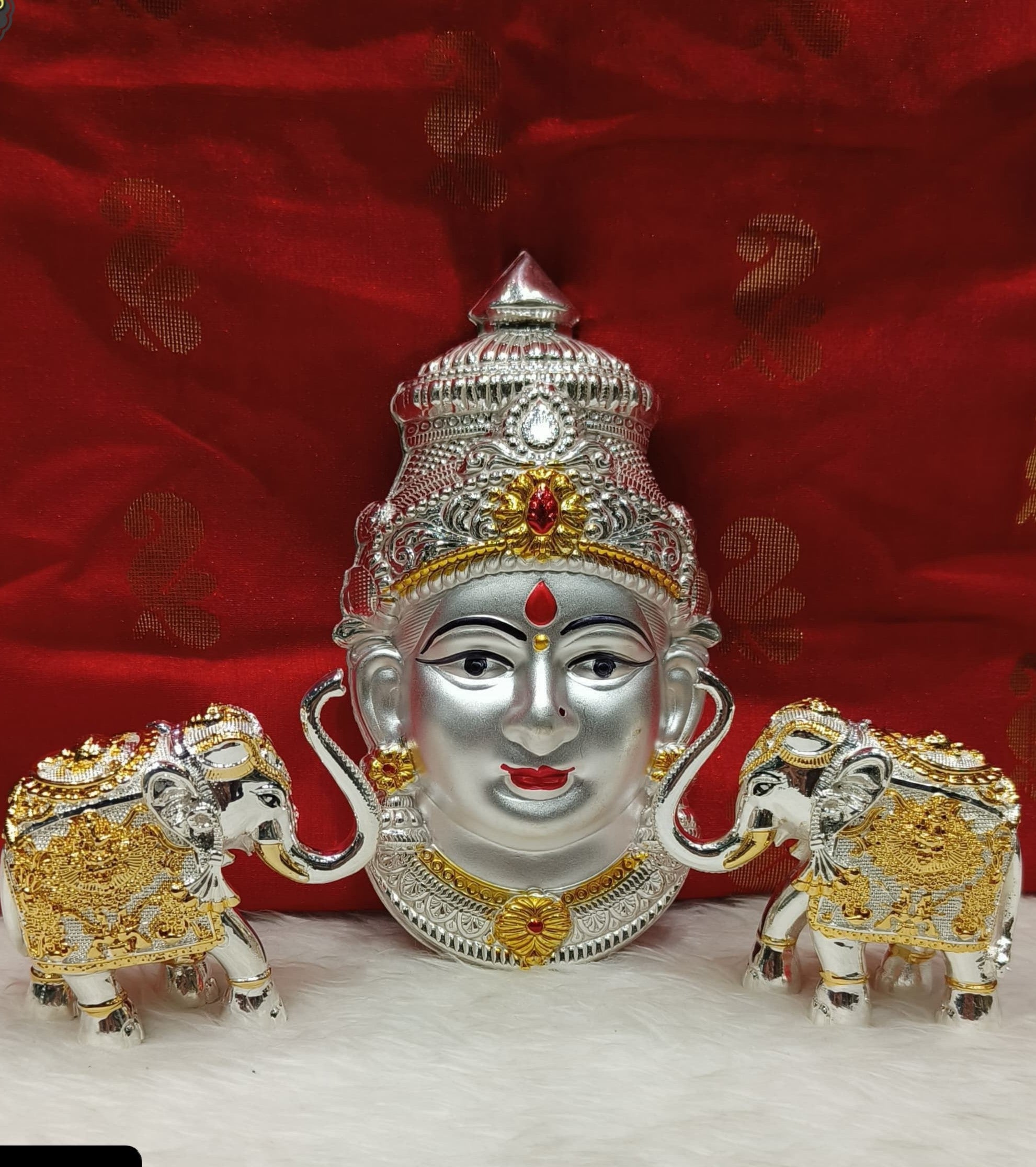 silver plated lakshmi face with 2 elephant for home décor/ housewarming/ diwali pooja