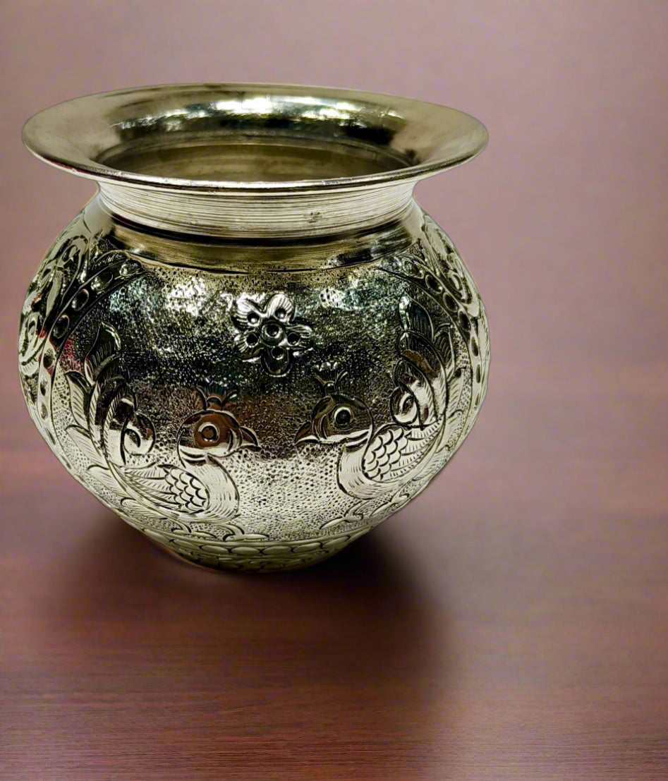 silver plated peacock design kalash for housewarming/ diwali