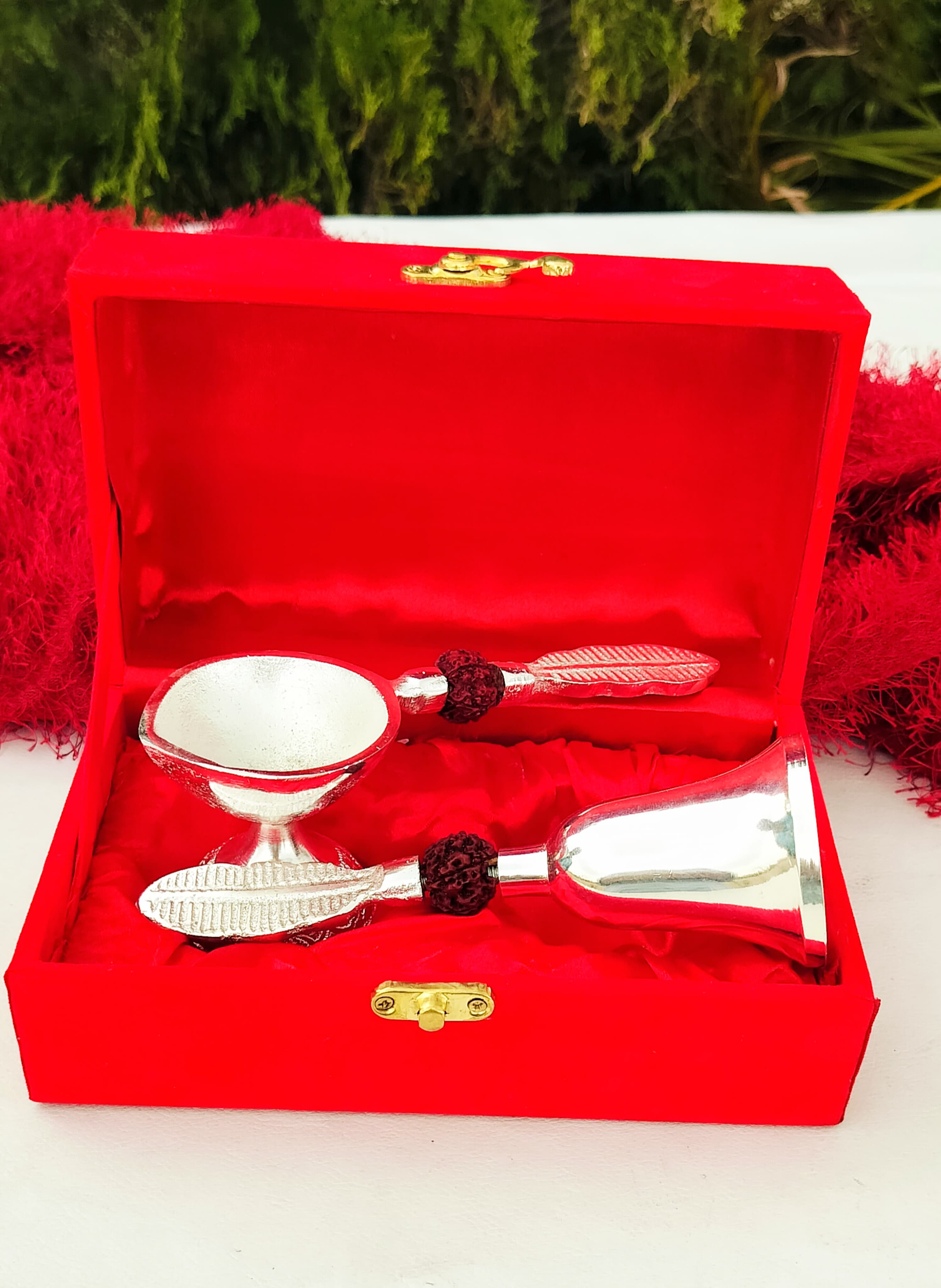 german silver rudraksha diya with bell with velvet box