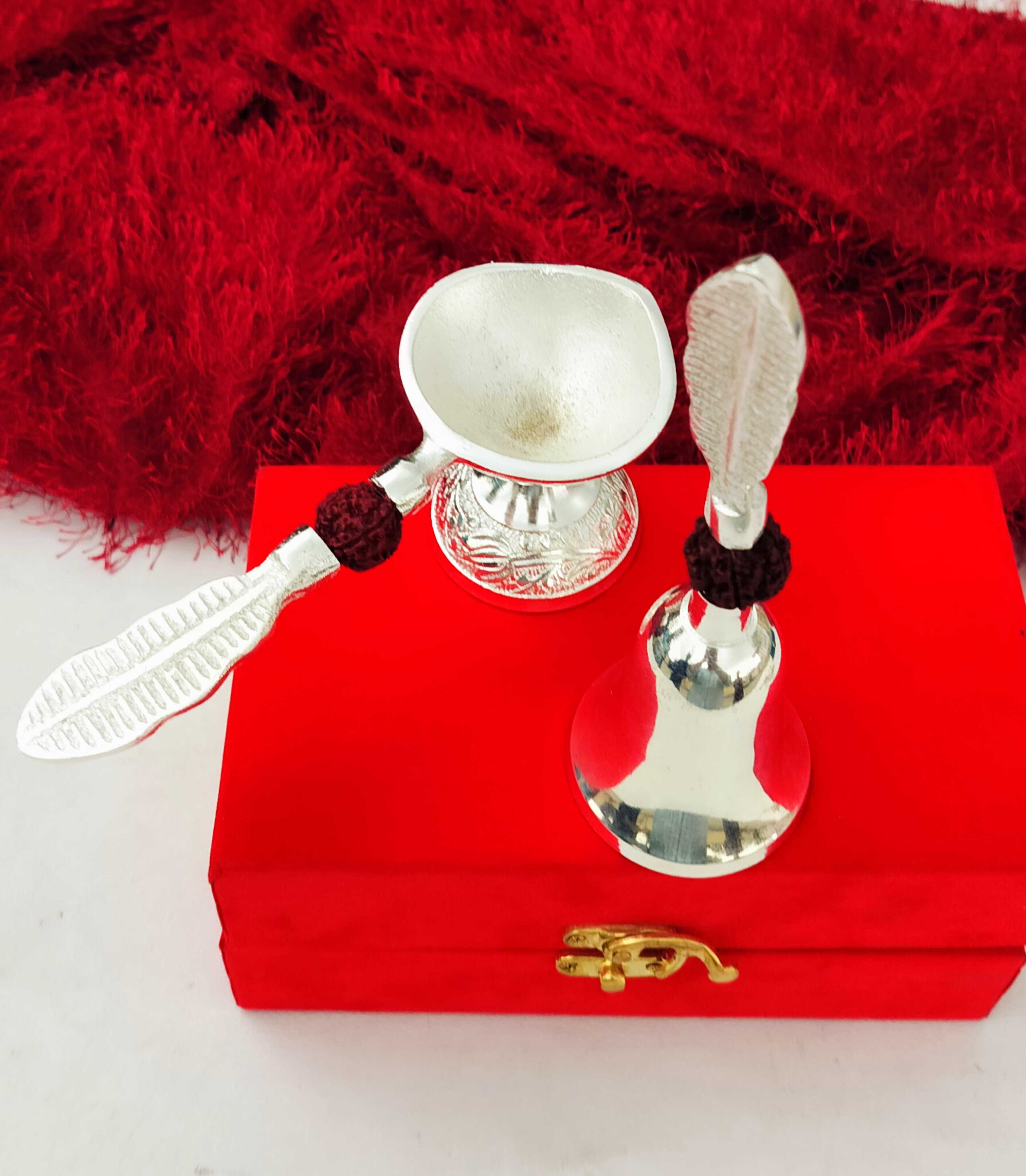 german silver rudraksha diya with bell with velvet box