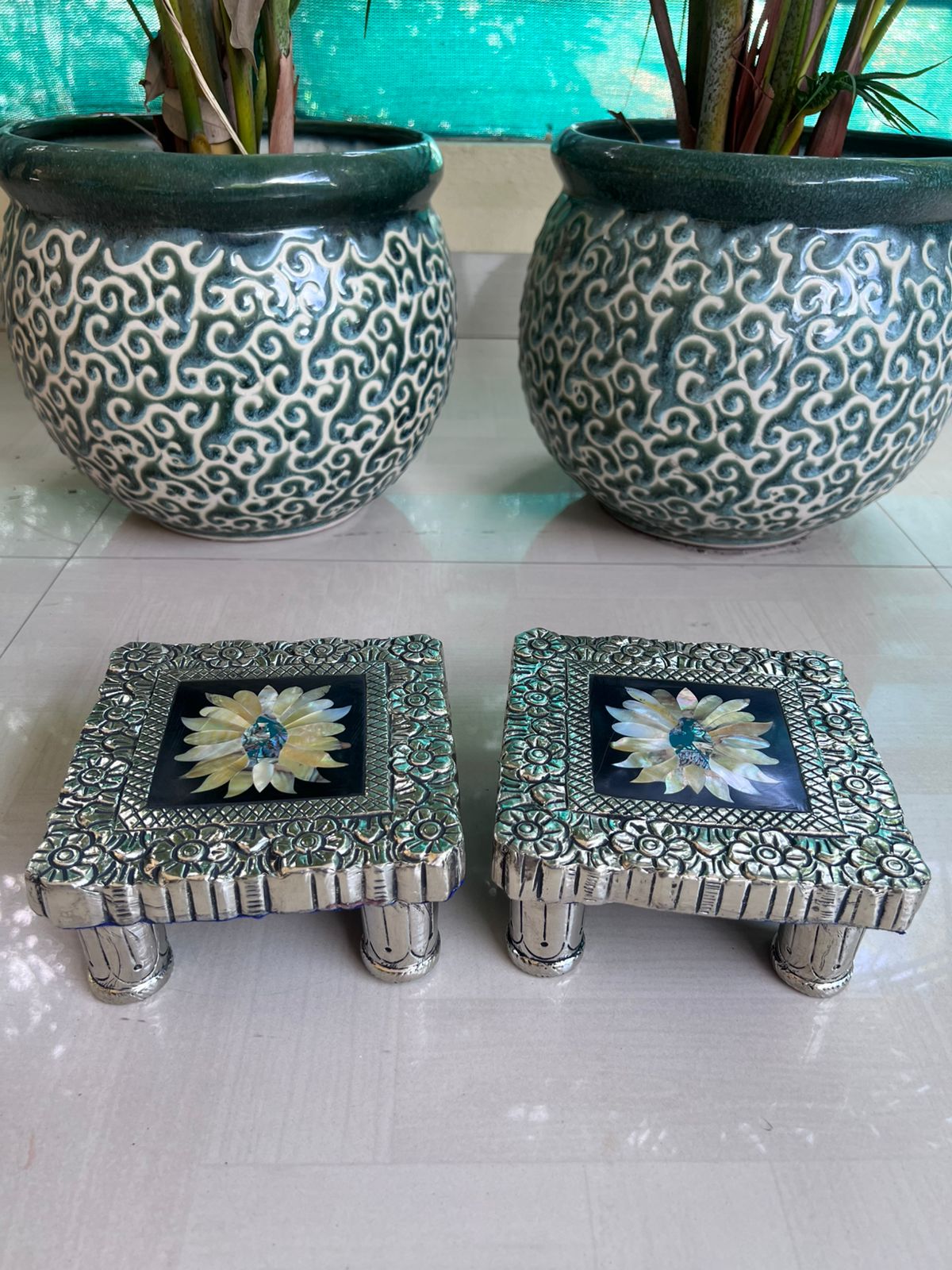 German silver mother of pearl chowkis for pooja and gifting, 1 piece