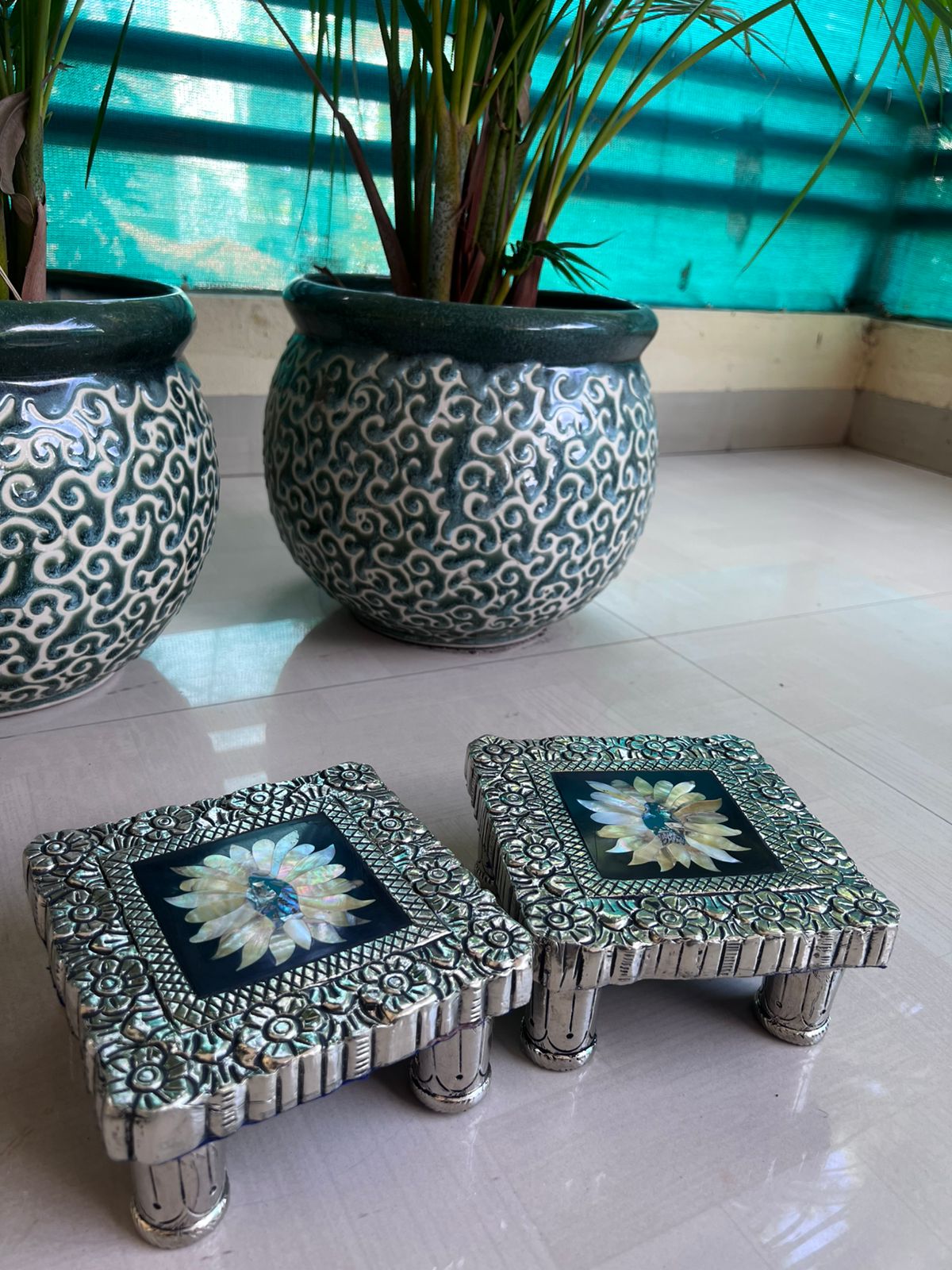 German silver mother of pearl chowkis for pooja and gifting, 1 piece